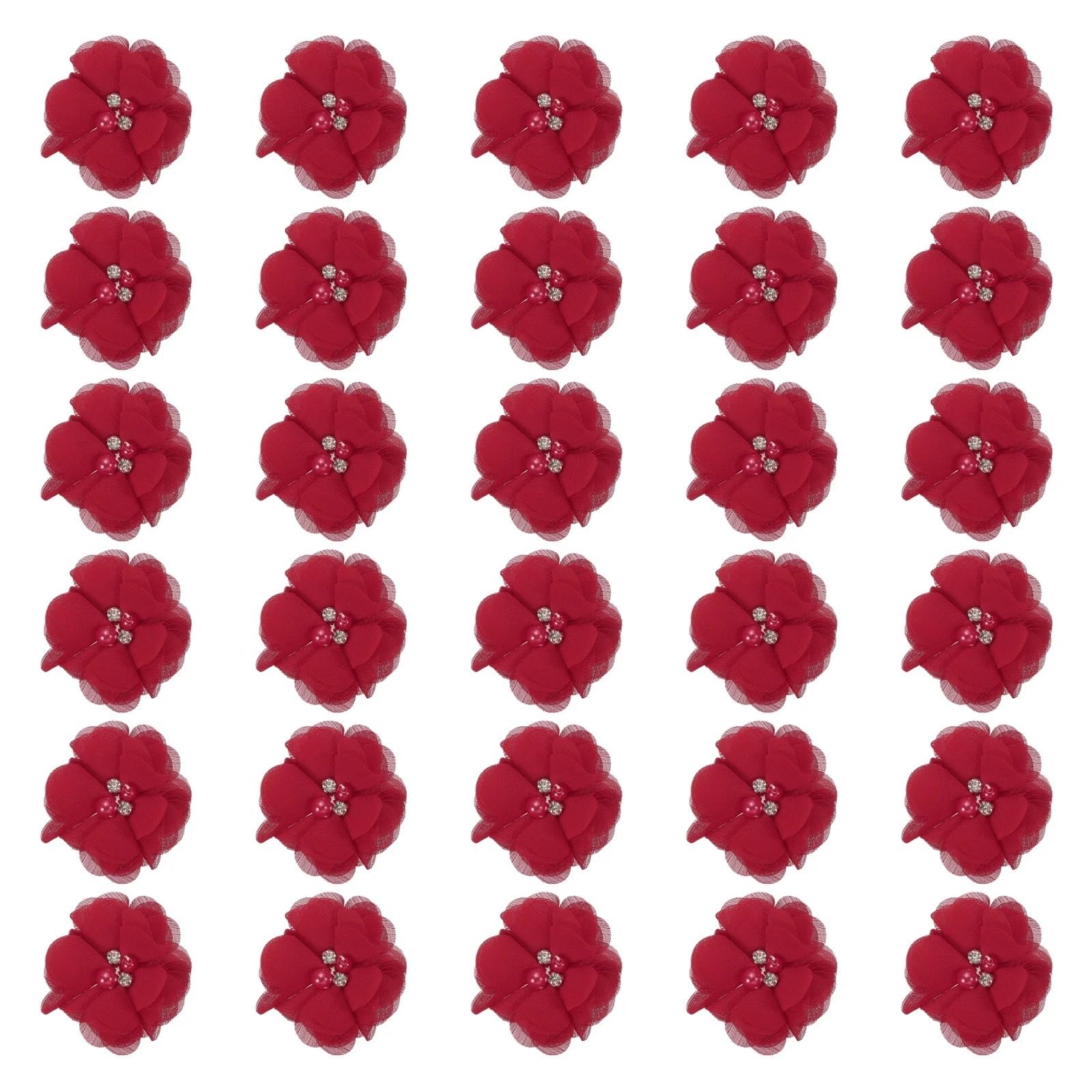 MDSRFGN Fabric Flowers 12/30pcs Chiffon Flowers Rhinestone Pearl Sewing Fabric Artificial Appliques For Clothing Wedding Craft(Red,30Pcs)