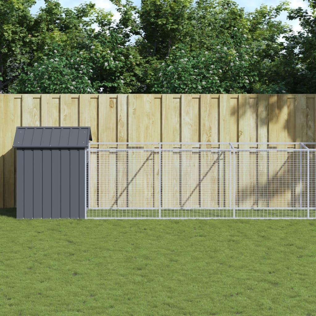 Hundehütte mit Dach Anthrazit 117x609x123 cm aus verzinktem Stahl wetterfest und Winterfest für Outdoor und Indoor Schutz, langlebiges Hundehäuschen mit Auslauf für Welpen und große Hunde