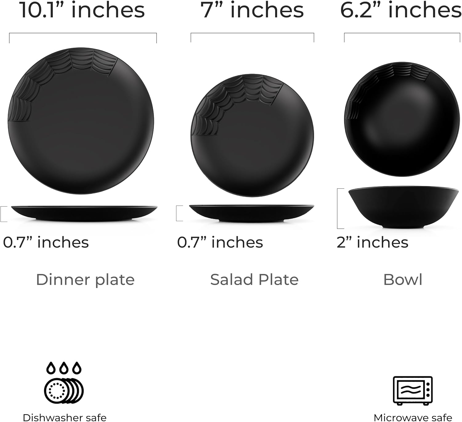 Spiderweb Dinnerware Set of 12 + Butter Dish Set - Gothic Kitchen Decor - Black Matte Porcelain with: 4 Dinner Plates 4 Salad Plates 4 Bowls 1 Butter dish with Lid - Halloween Gifts