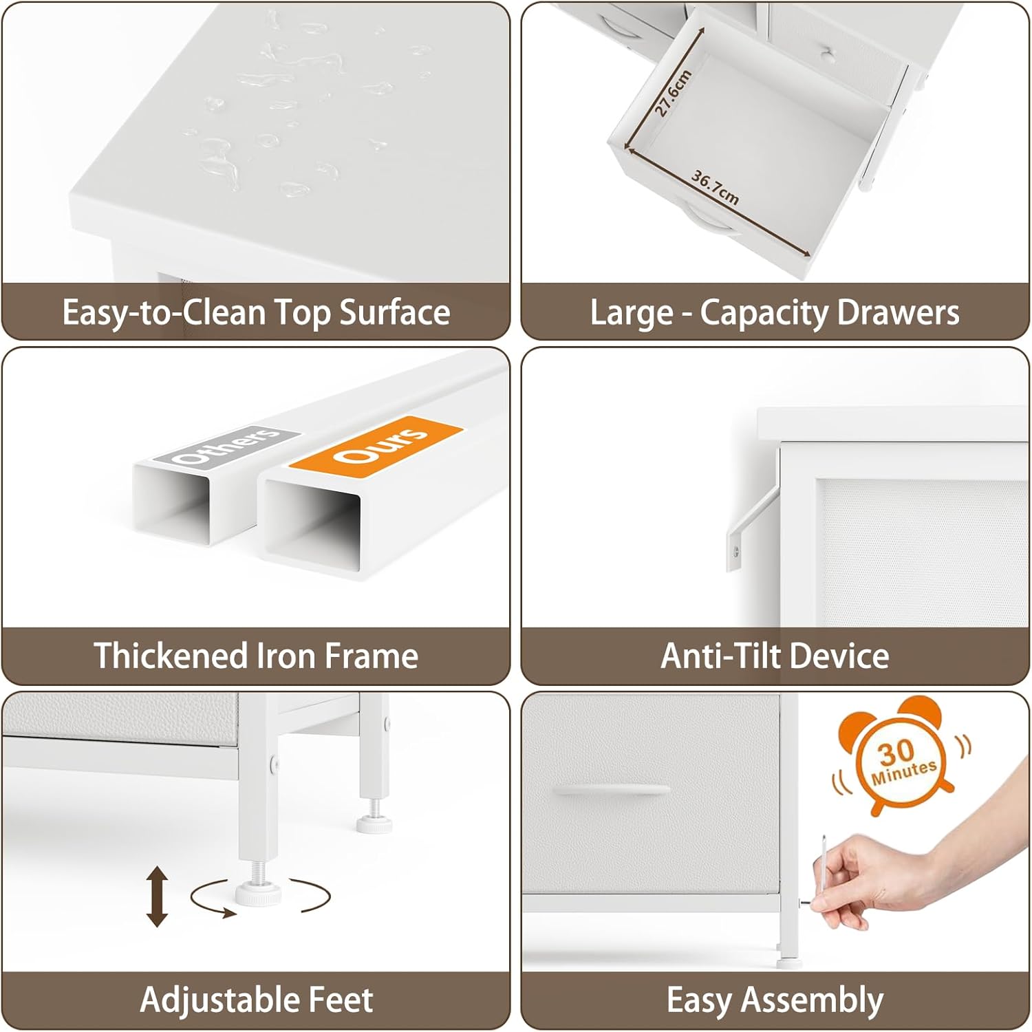 Collage of features including easy-to-clean top, large-capacity drawers, thickened iron frame, anti-tilt device, adjustable feet, and easy assembly.