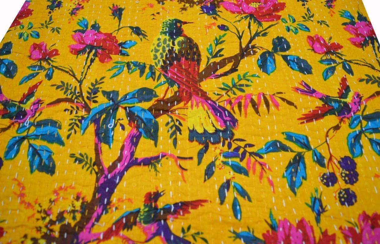 Couvre-lit Kantha en pur coton fait main jaune 228x274 cm