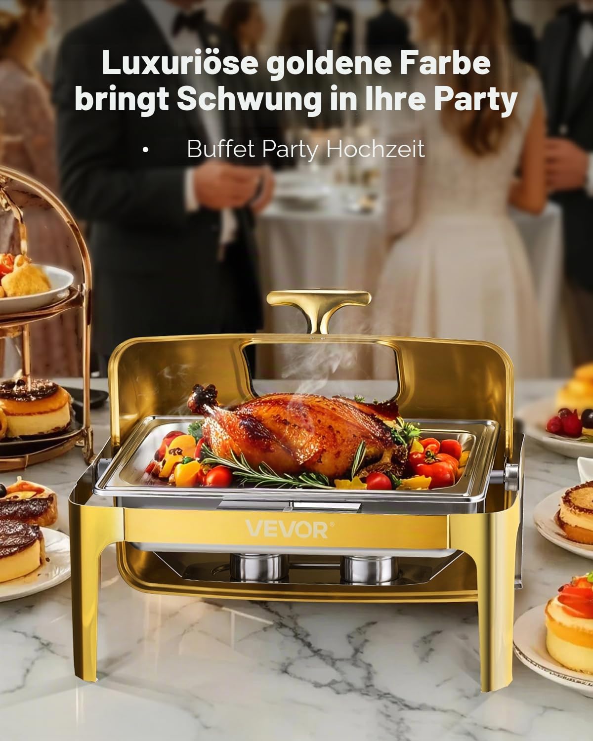 VEVOR Chafing Dish Set Speisenwärmer Edelstahl mit Pfannen in voller Größe (8,5 L), rechteckiger Wärmespender mit sichtbarem Deckel & Wasserpfannenständer & Brennstoffhalter, für Partys Gold