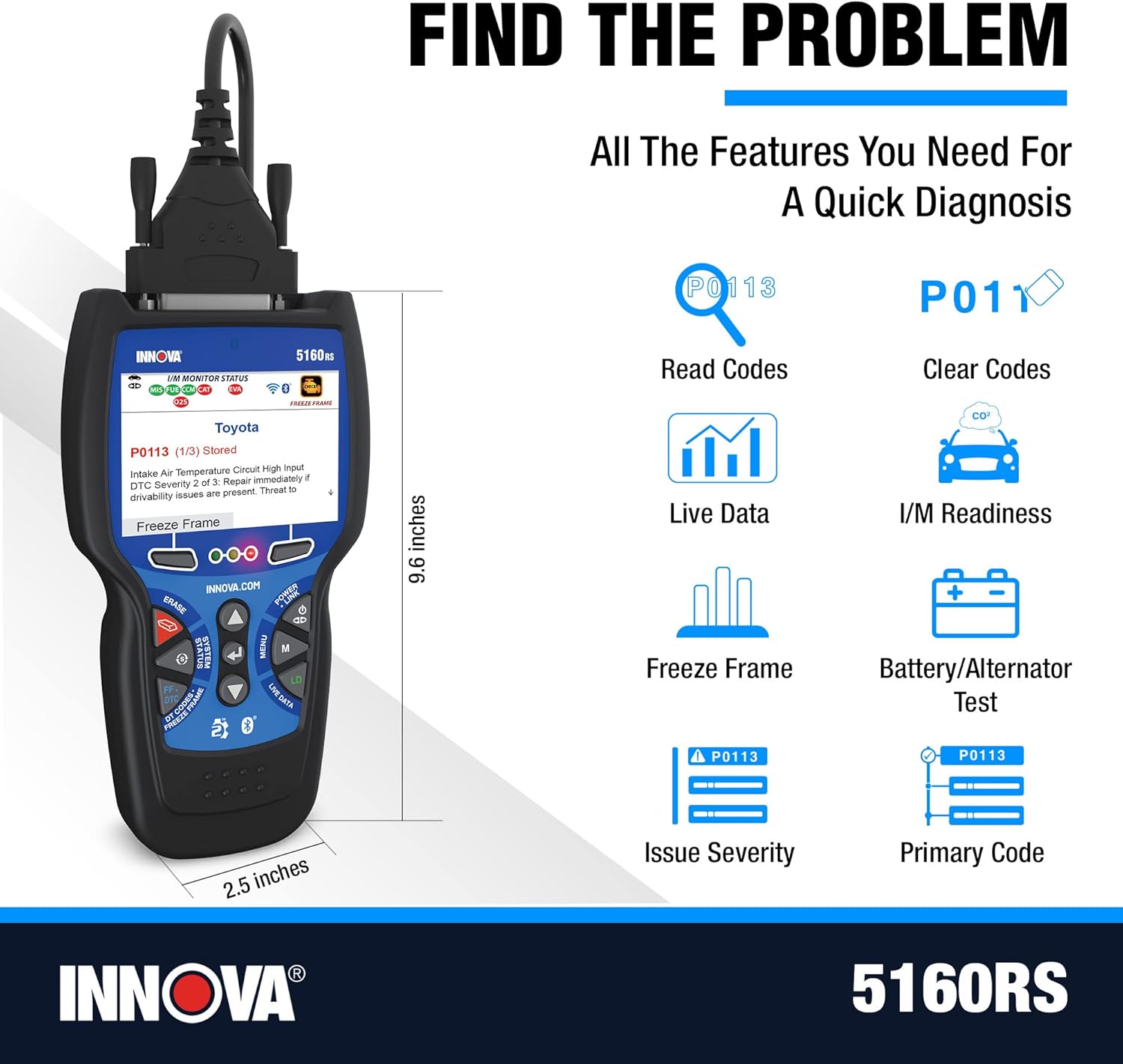 INNOVA 5160RS, OBD2 Bidirectional Scan Tool, OE-Level All System Diagnostics, Reset Oil Light/Battery/EPB/SAS/DPF, Mechanic Recommended Fixes & Parts, TSBs, 1yr Warranty, Free Updates