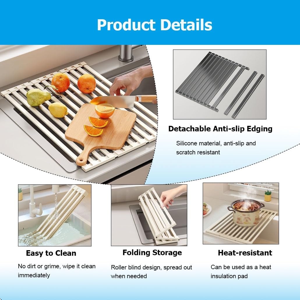 Escurridor de Platos Enrollable y Extensible de Acero Inoxidable 304 de 32-60 cm, Plegable, Antideslizante y Resistente al Calor para la Cocina.