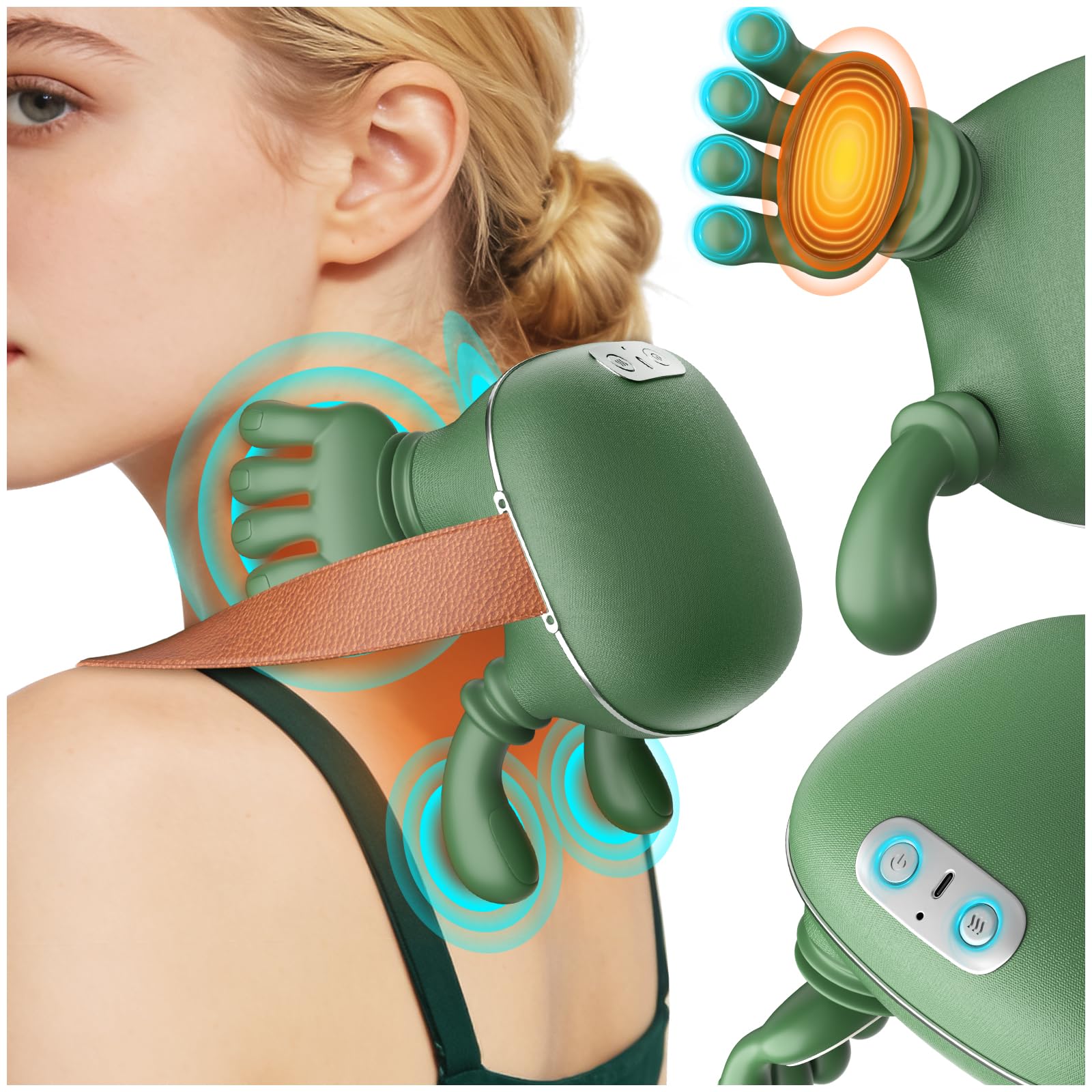 Nooydio Neck Massager, Neck and Back Massager with Heat & 4D Kneading, Shiatsu Deep Tissue Wireless Massager for Shoulder Cervical Pain Relief, Portable Rechargeable for Home Office (Green)