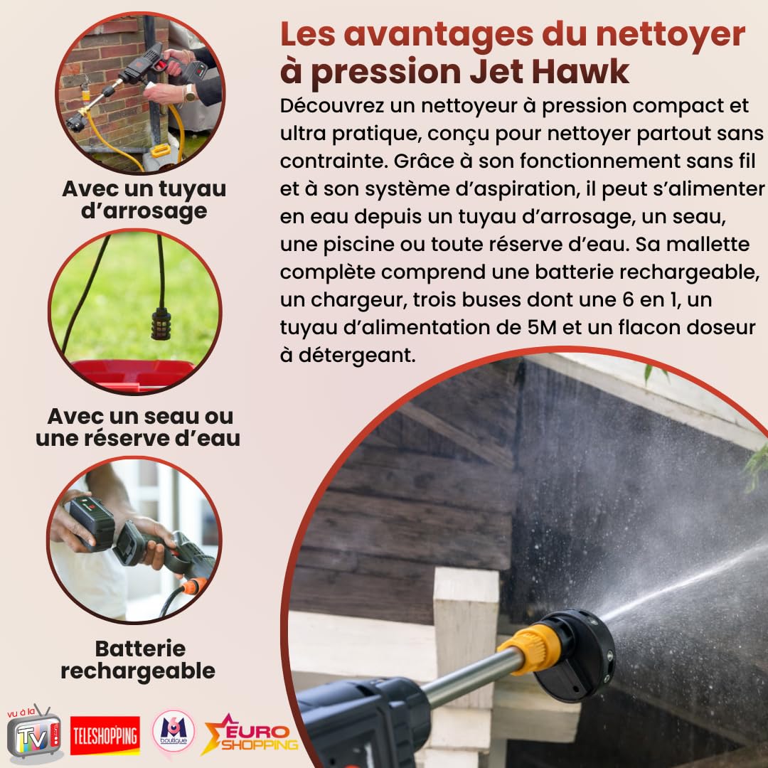 VENTEO Jet Hawk Nettoyeur Pression sans Fil | Batterie Rechargeable | Pistolet à Eau Jet Concentré Réglable | Accessoire Voiture pour Nettoyage Voiture Extérieur Carrosserie Jantes Surfaces