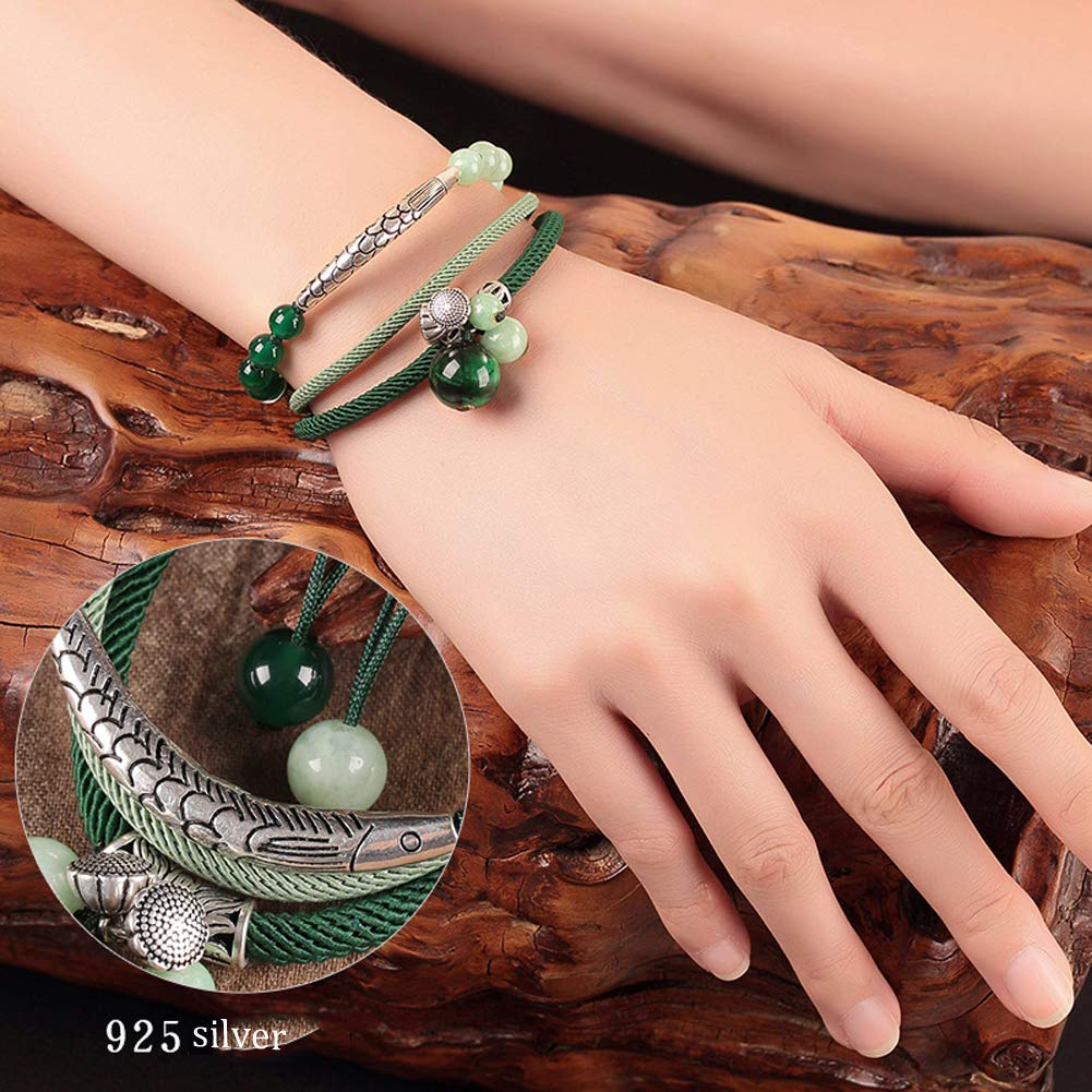 S925 - Braccialetto da donna in argento Sterling con perline multistrato, accessorio retrò nazionale a vento lavorato a mano