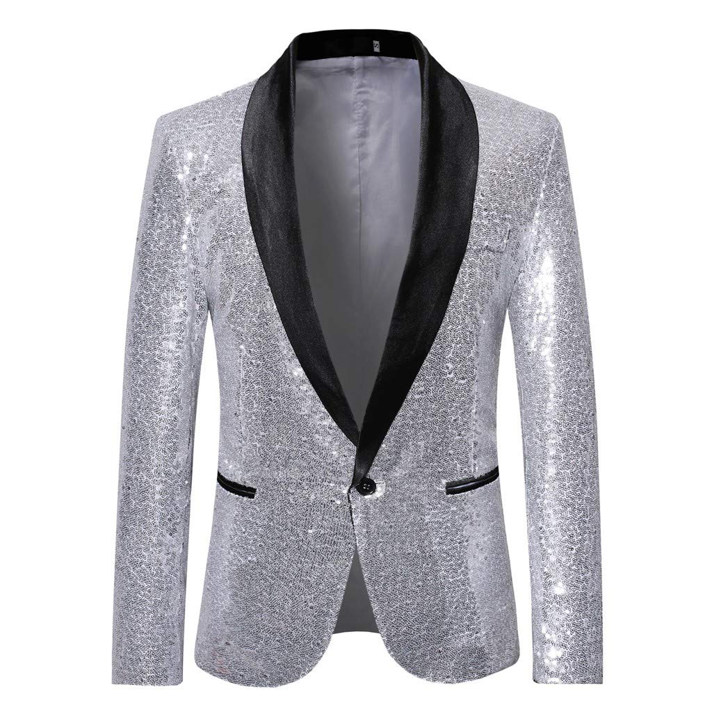 Generisch Blazer de lentejuelas para hombre, chaqueta de esmoquin brillante, con cuello de solapa, corte ajustado, traje de un botón