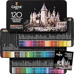 Castle Art Supplies Conjunto de lápis de cor | 120 lápis de cor premium macio para adultos | Organizado em caixa de lata de apresentação