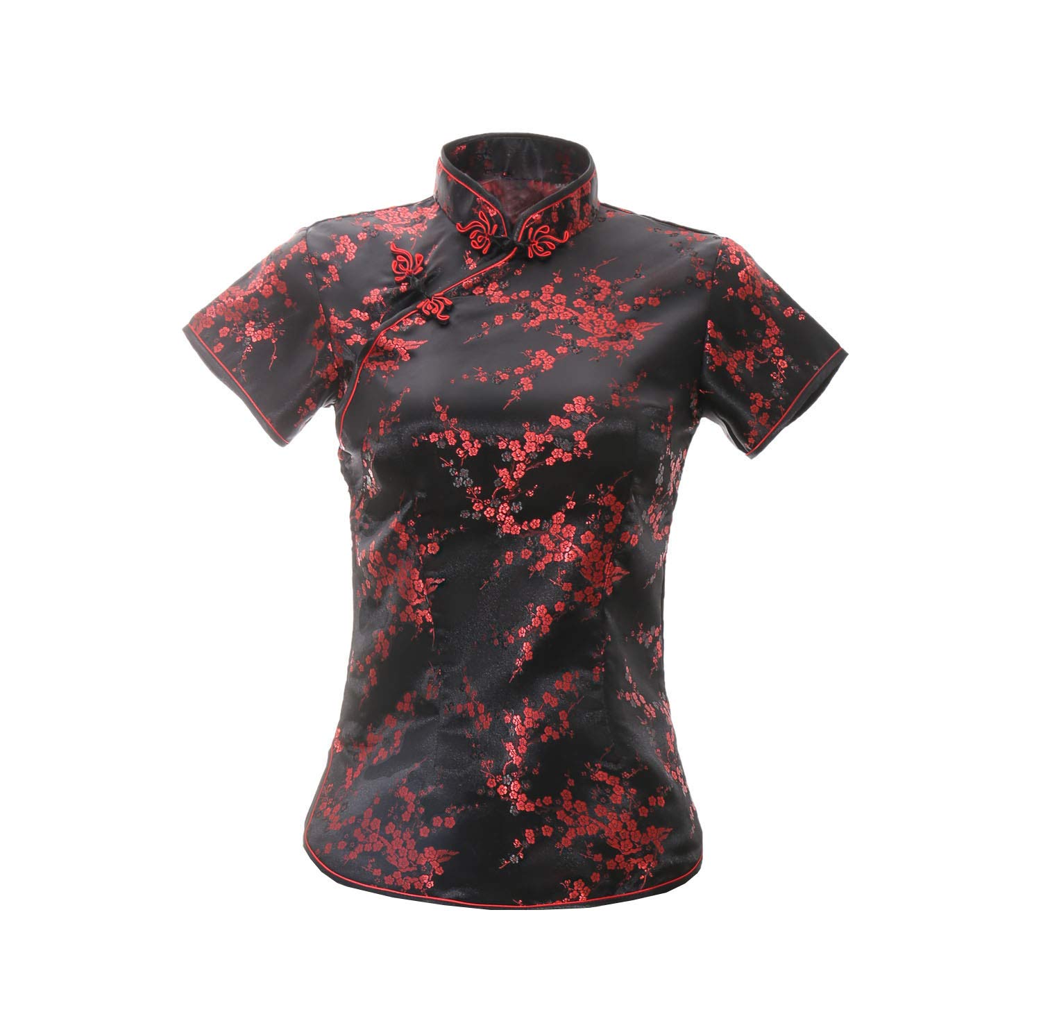 ACVIP Blusa china de manga corta con cuello alto y brocado para mujer