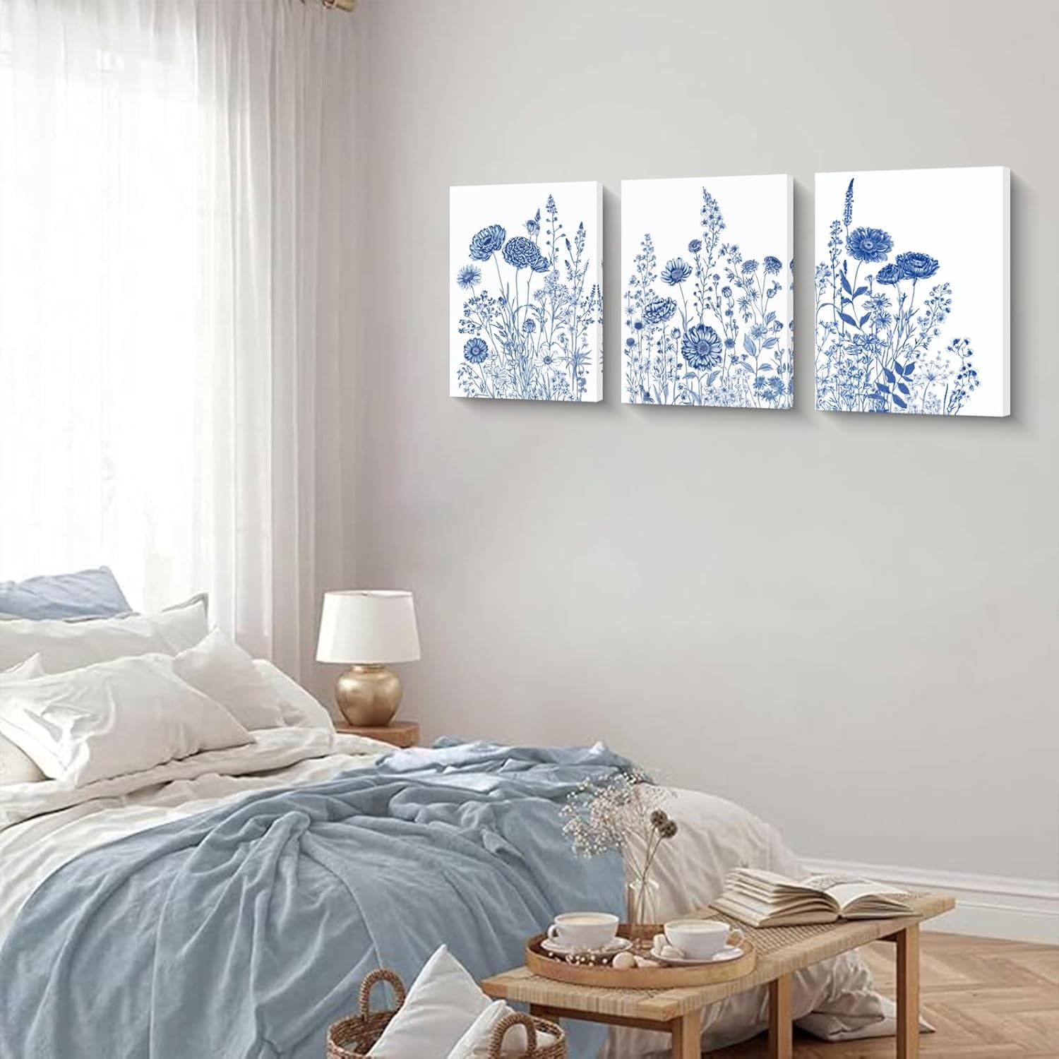 Blue Floral Wall Art Set of 3, Chinoiserie Wildflower Canvas Prints, Framed Minimalist Botanical Wall Decor for Living Room Bedroom Bathroom, Ready to Hang 12x16 Inch