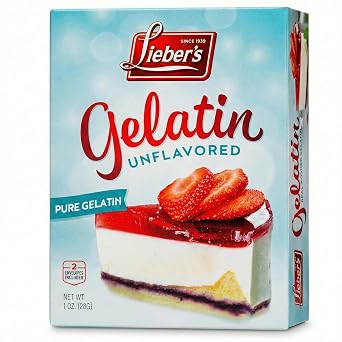 LIEBERS Unflavored Gelatin Sugar Free Gelatin a Kosher, Gluten Free Pure Gelatin Powder Unflavored a 1 Oz. Box, Contains 2 Packets.
