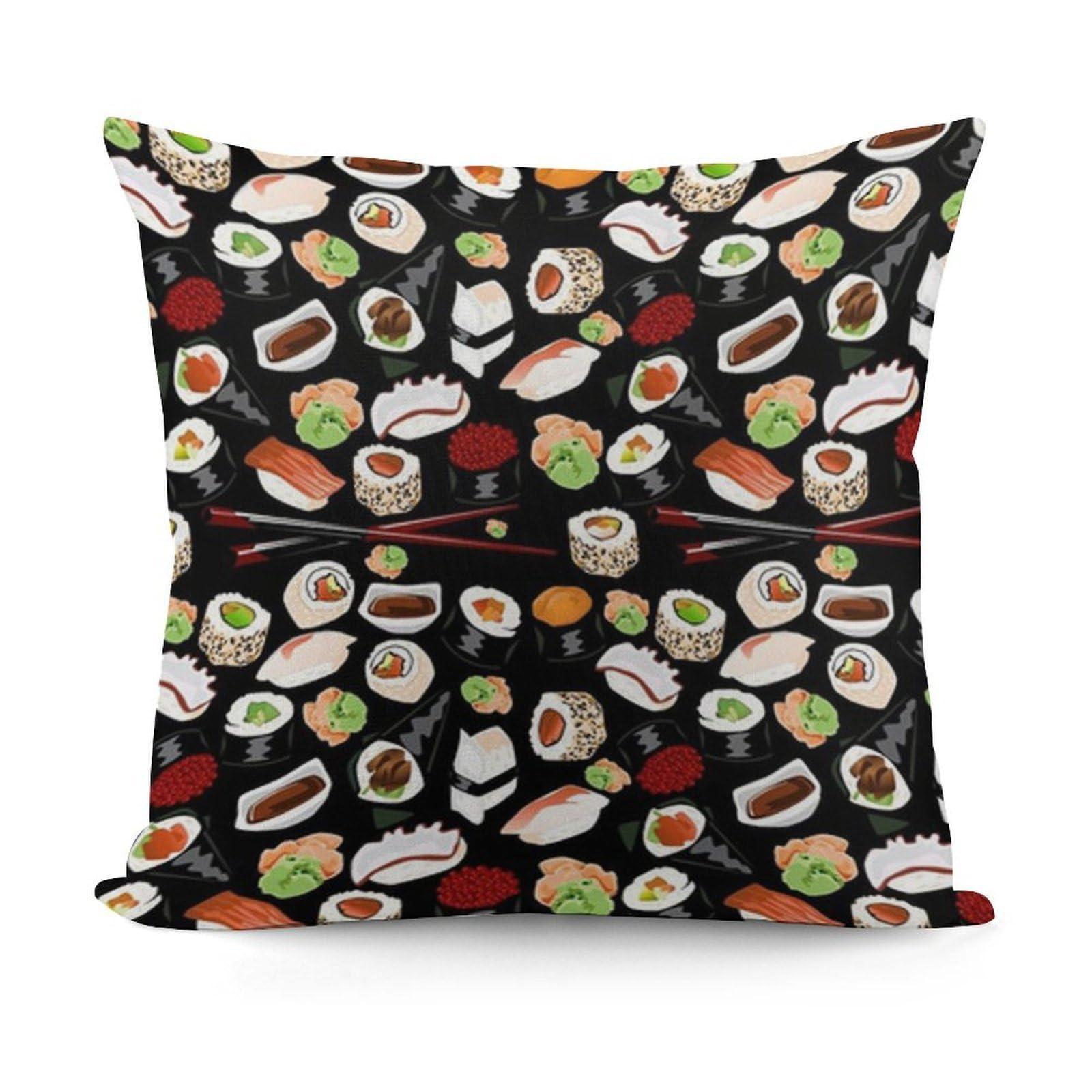 FekiLoot Japanese Sushi Black Plush Cushion Covers, Double-Sided Throw Pillow Covers with Invisible Zipper, Comfortable Soft Square Cushion Cases for Sofa Bedroom Living Room 18x18 Inch (45x45cm)