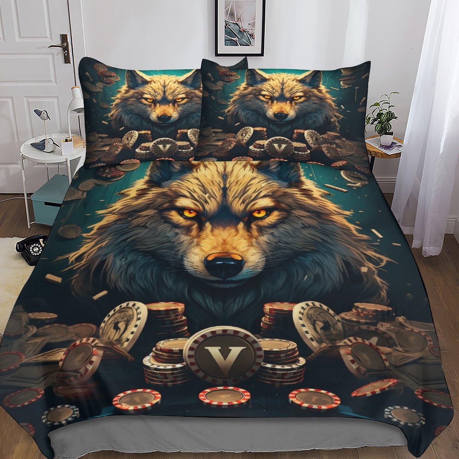 Wolf-Bettwäsche-Set, 3D-Druck, Bettbezug-Set mit Kissenbezügen, Heimtextilien, Doppelbettgröße, Tier-Bettbezug (200 x 200 cm)