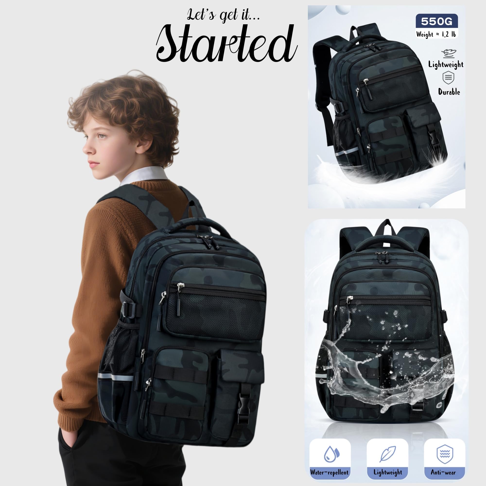 Zaino per ragazzi per bambini zaino scuola blu mimetico multi-tasca zaino zaino, Mimetico 03, L/24L