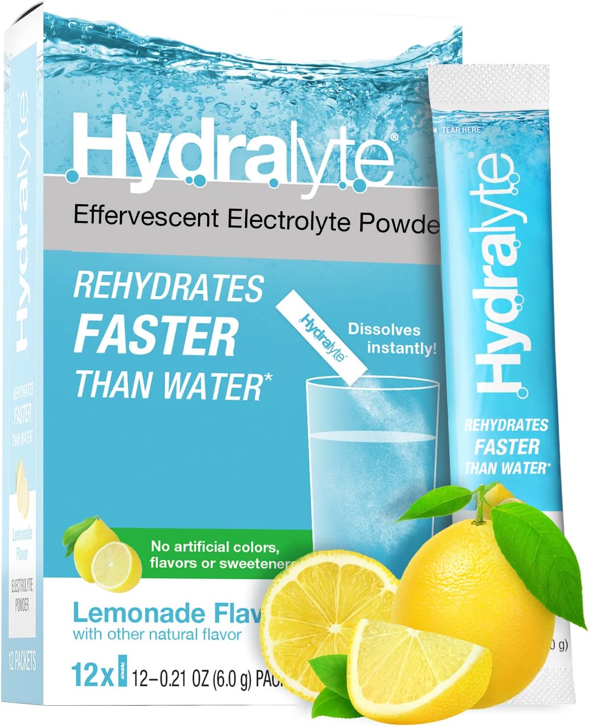 Hydralyte Low Sugar Rapid Rehydration - Lightly Sparkling Electrolyte Powder Packets, 8 oz Serve | Lemonade Hydration Packets | Hydration for Heat, Travel, Exercise and Bachelorette Parties (12 Count)