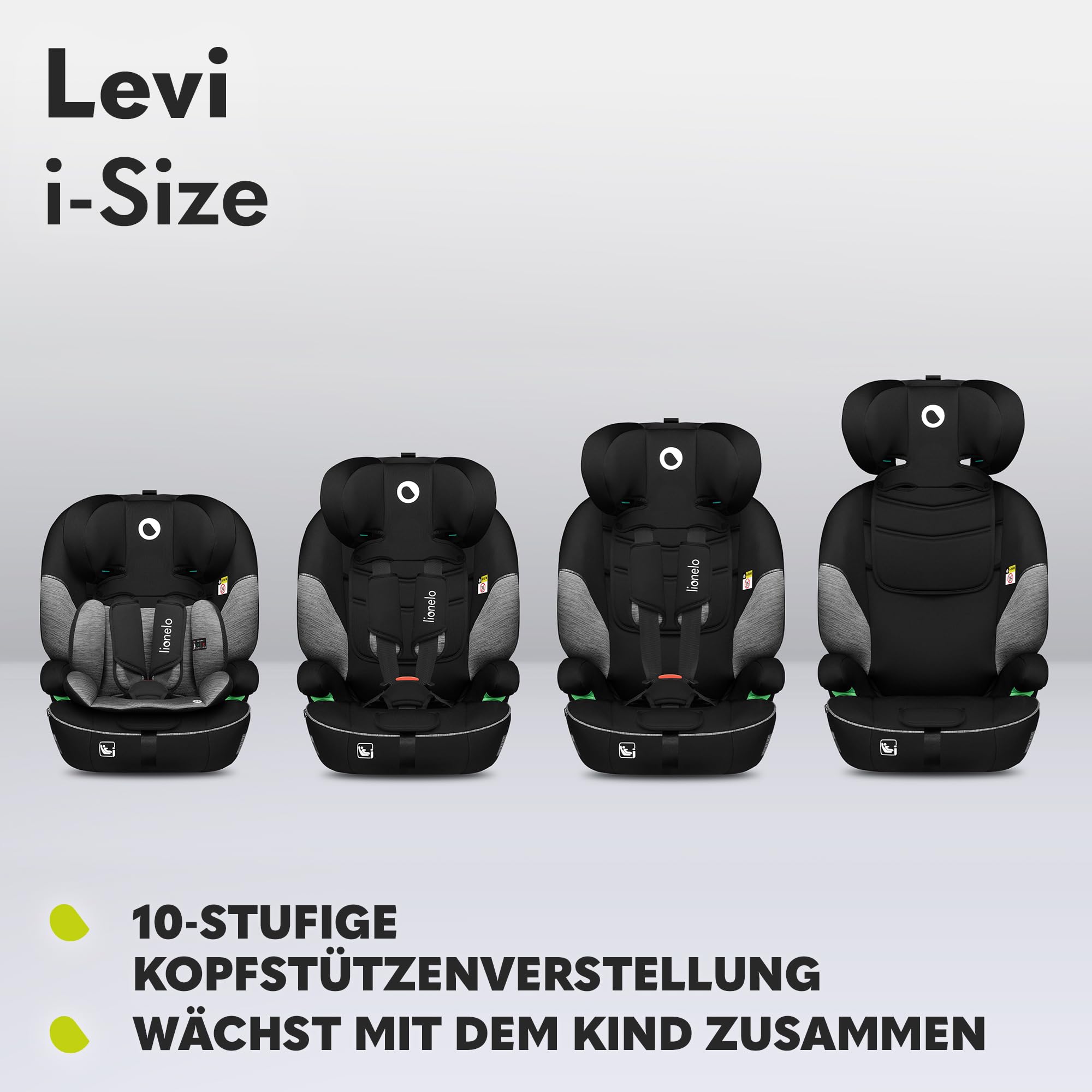 Lionelo Levi i-Size Kinderautositz Gruppe 1/2/3 9-36 kg i-Size R129/03 5-Punkt-Gurt Memory-Schaum Kopfstütze
