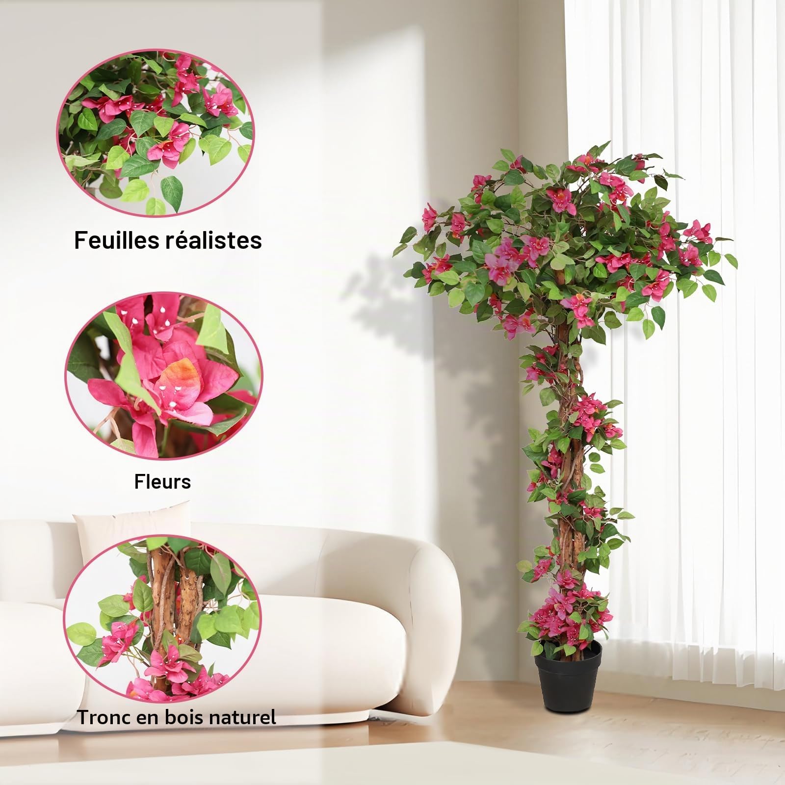 momoplant Bougainvillier artificiel dans un pot de ciment - 160 cm - Grand arbre en fleurs roses avec fleurs pour porche, maison, bureau, extérieur, jardin décoratif (1 pièce)