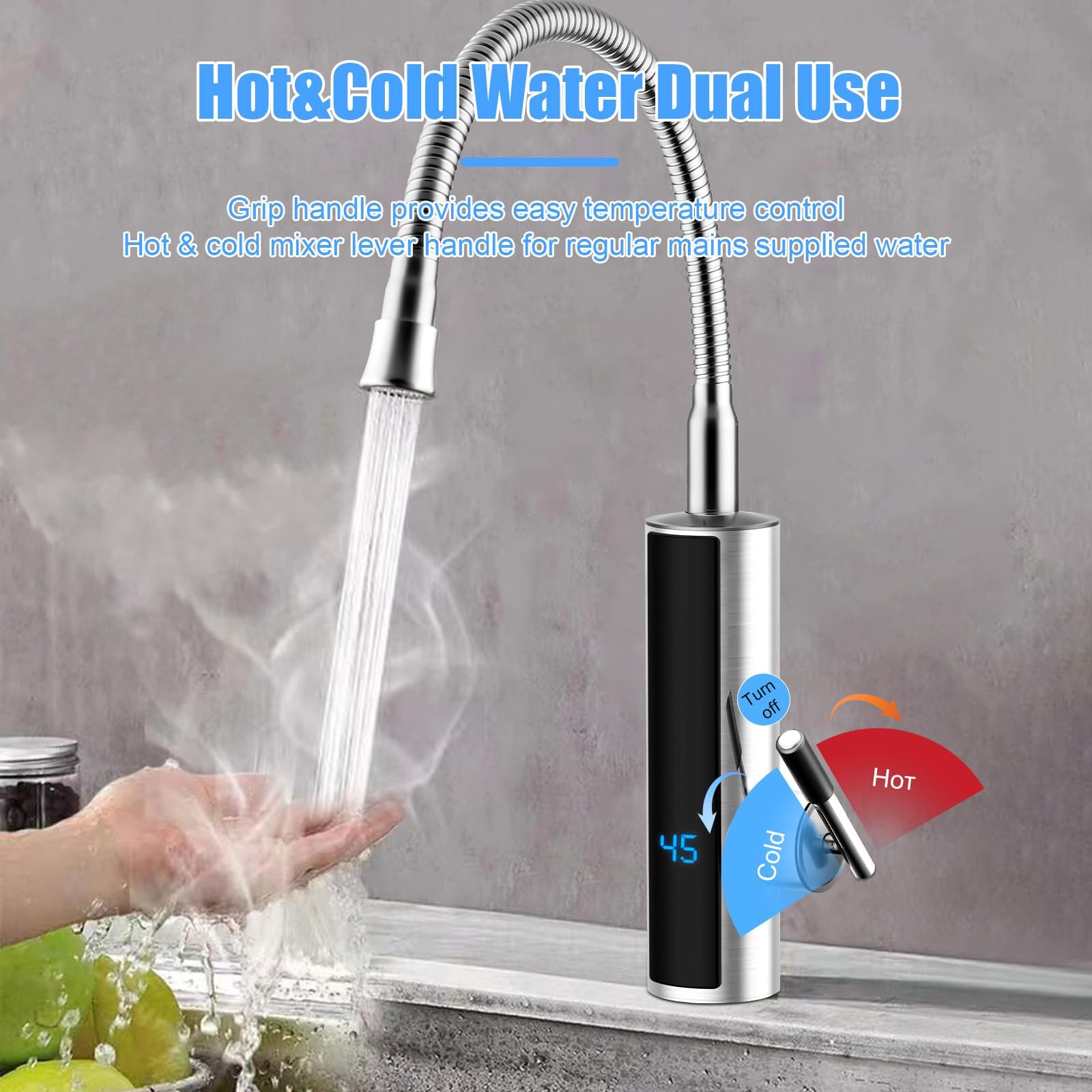 3000 W Durchlauferhitzer Küchenarmatur, Elektrischer Heizhahn mit LCD-Temperaturanzeige, 360º drehbarer Schlauch Küchenarmatur, 304 Edelstahl Wasserhahn für Küche, Bad, Wohnwagen, Camping(Silber)