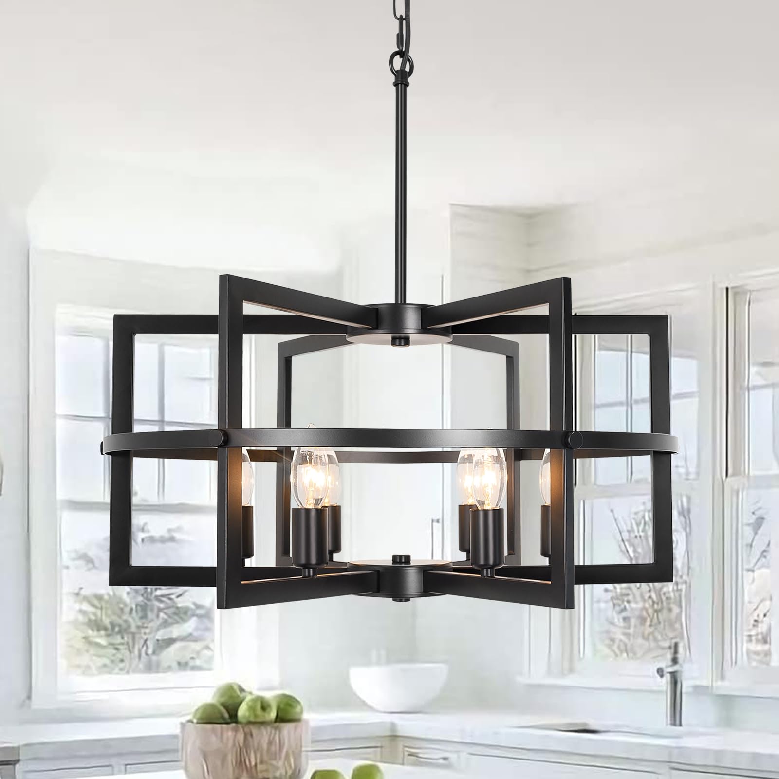Black Farmhouse Vintage Ceiling Lights, 6-Light Geometric Hanging Ceiling Lights, Modern Chandelier with E14 Dimmable Socket, Rustic Ceiling Pendant Light Fitting for Living Room, Bedroom, Dining room