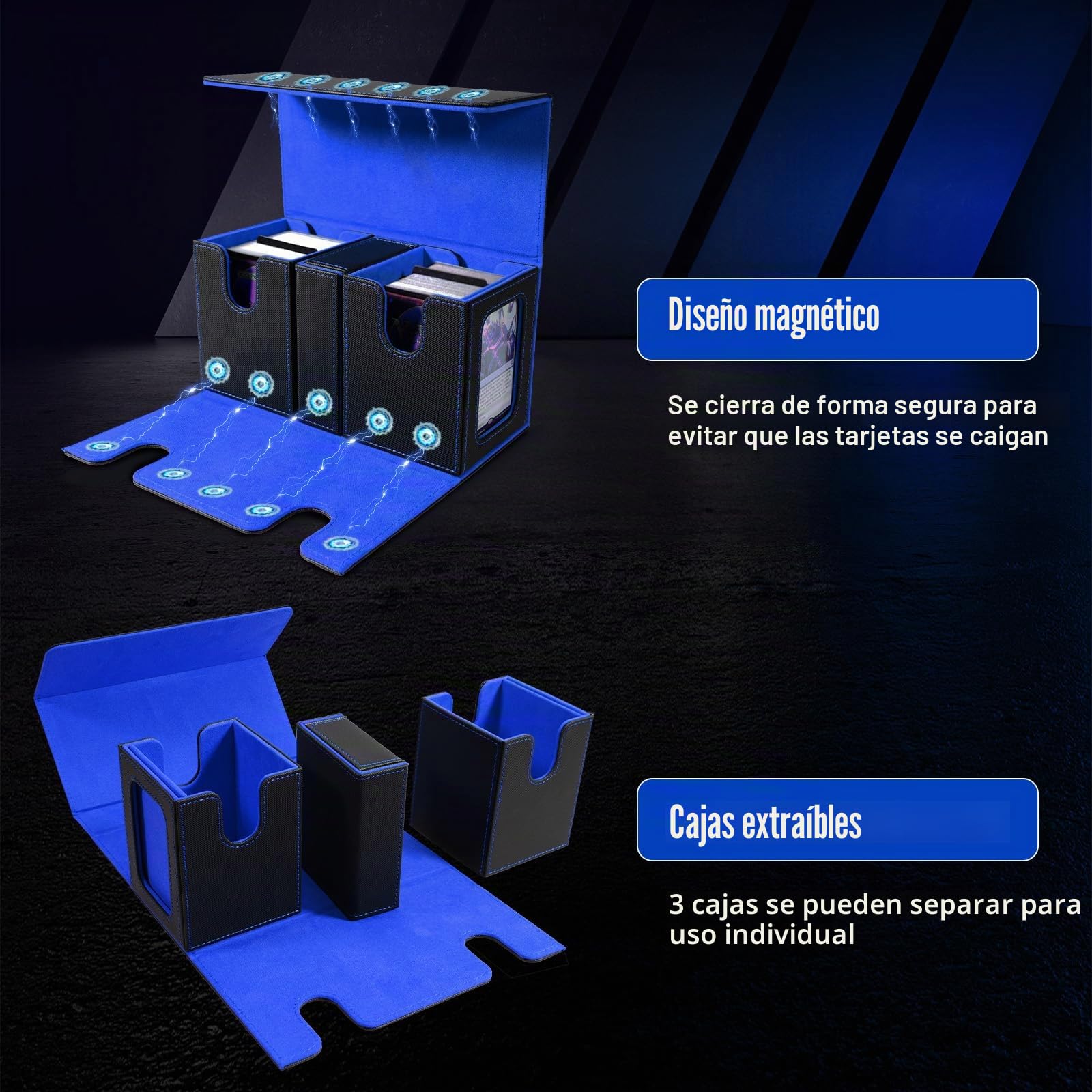 TiMOVO Caja de Cartas para MTG, Soporte Mazo de Cartas para 200+ Cartas de Doble Funda, Deck Box con 2 Expositores & 4 Divisores & Bandeja de Dados para YuGiOh, TCG, CCG Cartas Mágica, Negro&Azul
