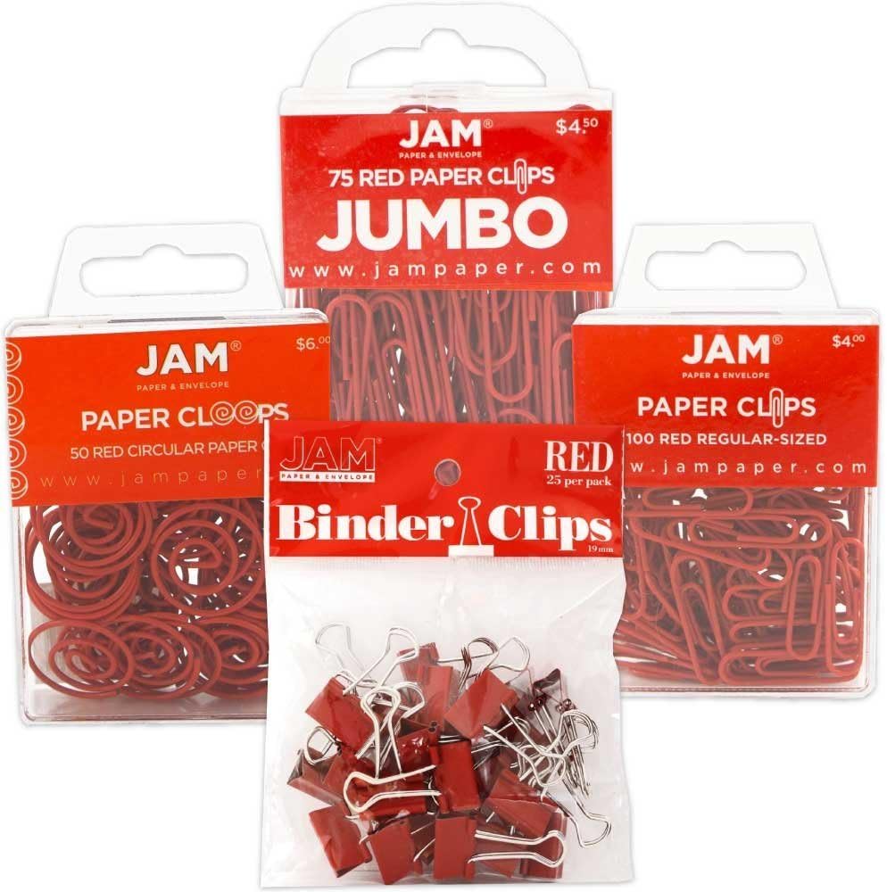 JAM PAPER Office Clip Assortment - Red - (1) Binder Clips (1) Round Paper Cloops and (2) Paper Clips (Regular & Jumbo) - 4/Pack