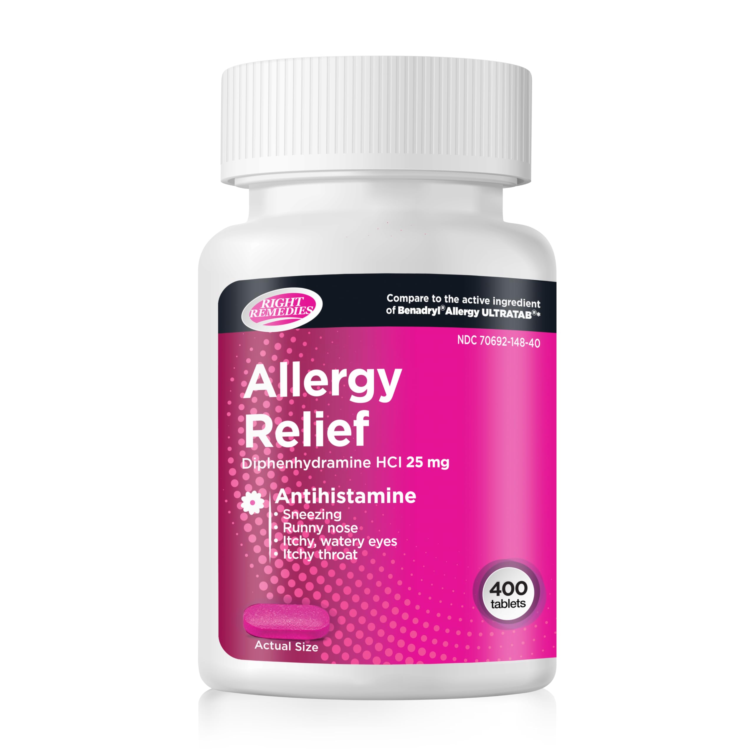 RIGHT REMEDIES Allergy Relief Antihistamine, Diphenhydramine HCl 25mg, Generic Ultratabs, Relieves Seasonal Indoor or Outdoor Upper Respiratory Allergies, 400 Count