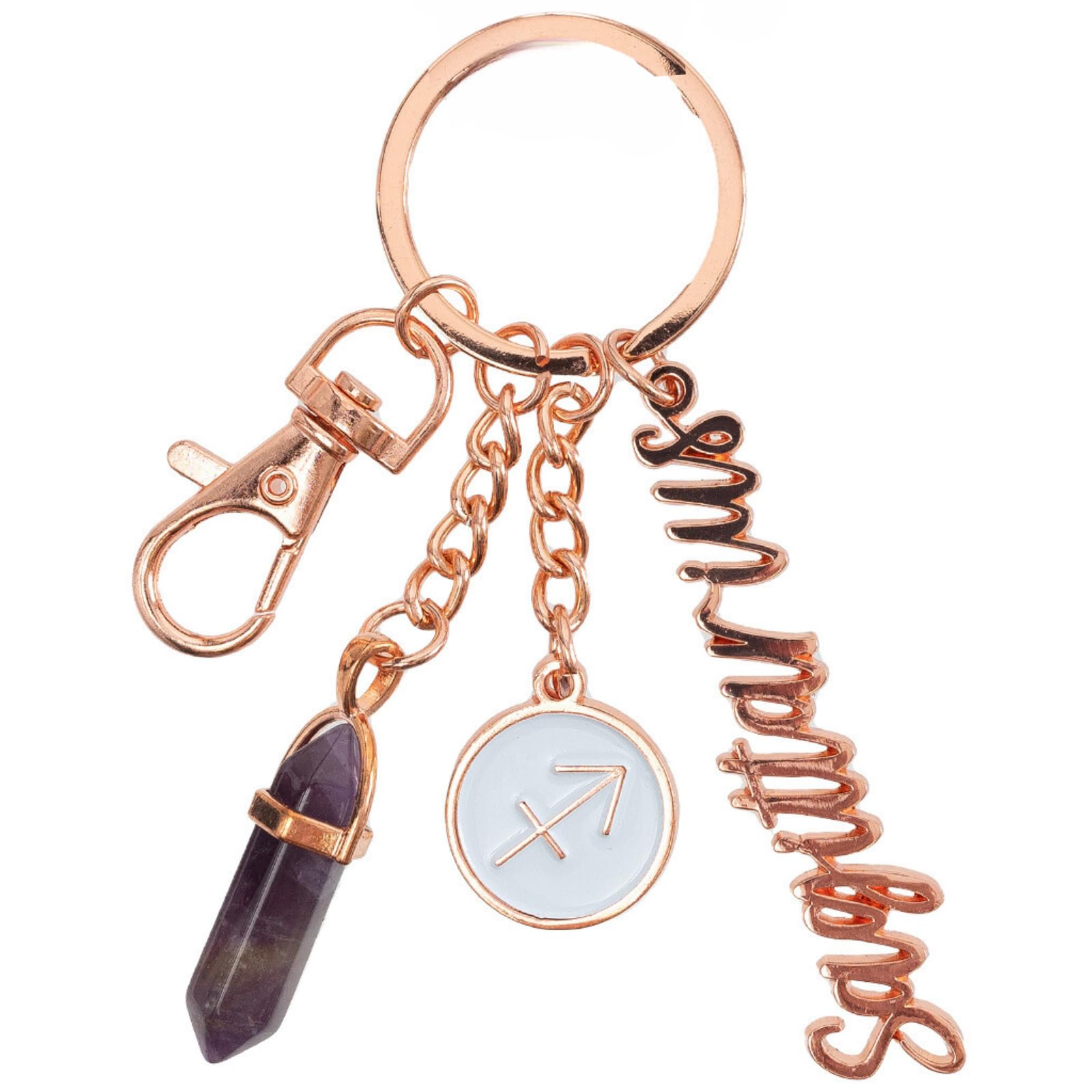 Splosh Mystique Key Chain - Rose Gold Key Ring with Clip, Zodiac Sign and Gemstone. Thank You Gift, for Her, Personalised Gifts., Sagittarius - Amethyst, Onesize