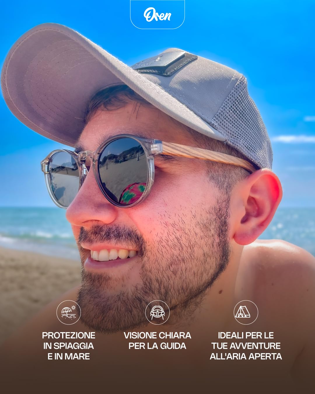 Oren Innovations Occhiali da Sole Uomo Donna Polarizzati UV400, Aste in Vero Legno Zebrawood, Montatura PET Riciclato, Leggeri, per Guida, Mare e Viaggi