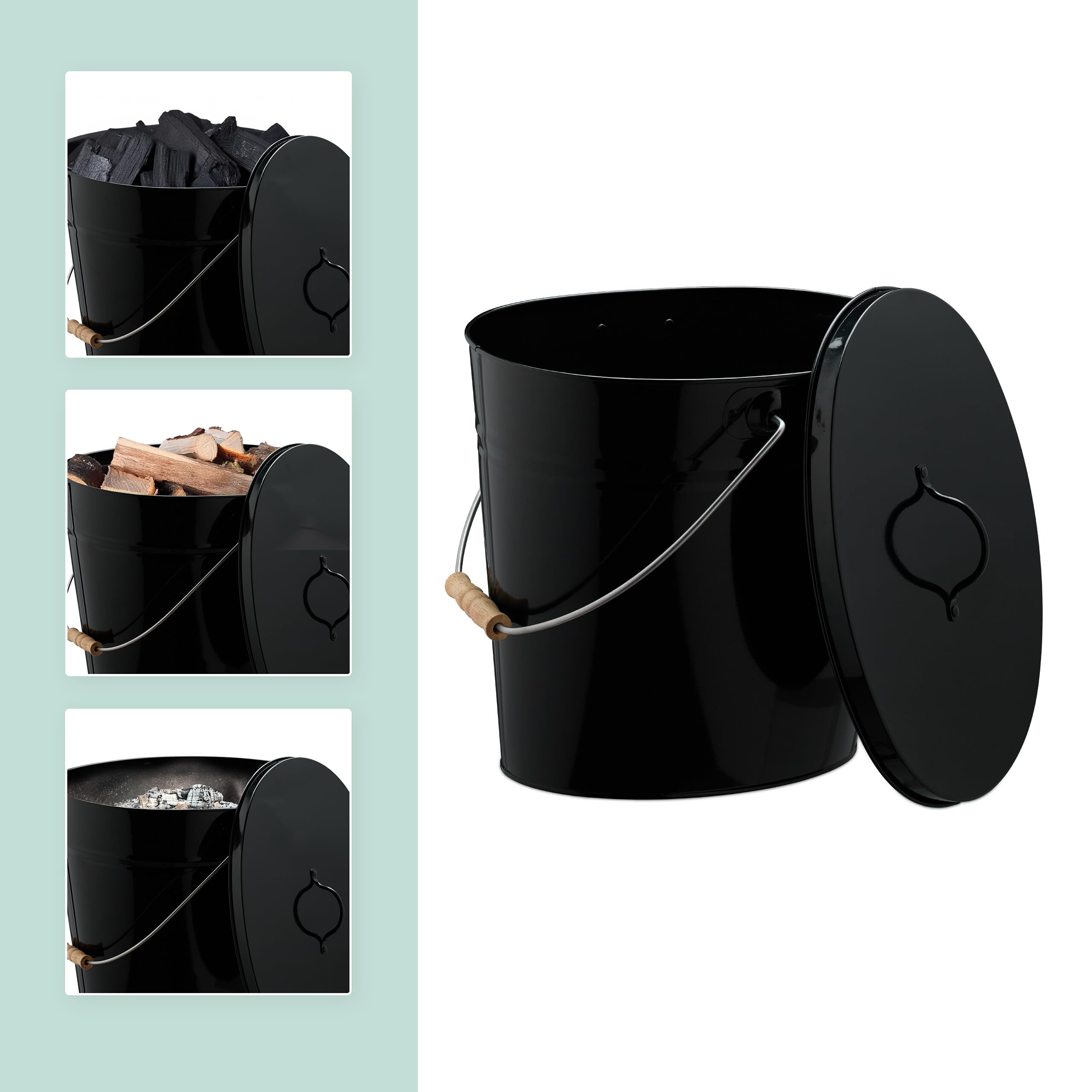 Relaxdays Secchio Raccogli Cenere con Coperchio, Cestello 12 L per Carbone e Bricchetti Camino e Stufa, Acciaio, Nero