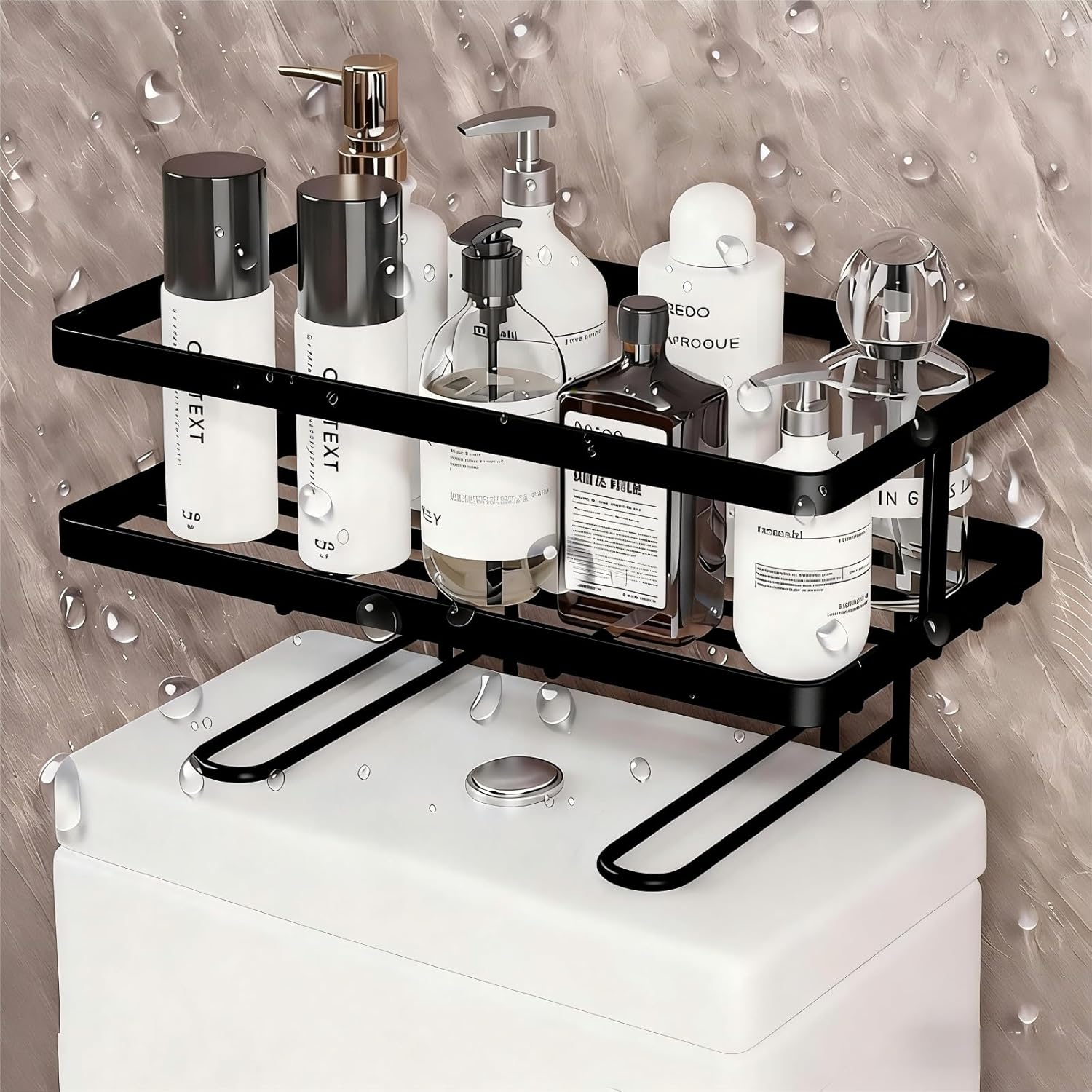 Bathroom Organizer Shelf - Over The Toilet Storage Rack, 2-Tier Floating Shelves with Hooks, No-Drill, Toilet Paper Holder for Restroom Bathroom Vanity Kitchen (Black, 2 Tier)