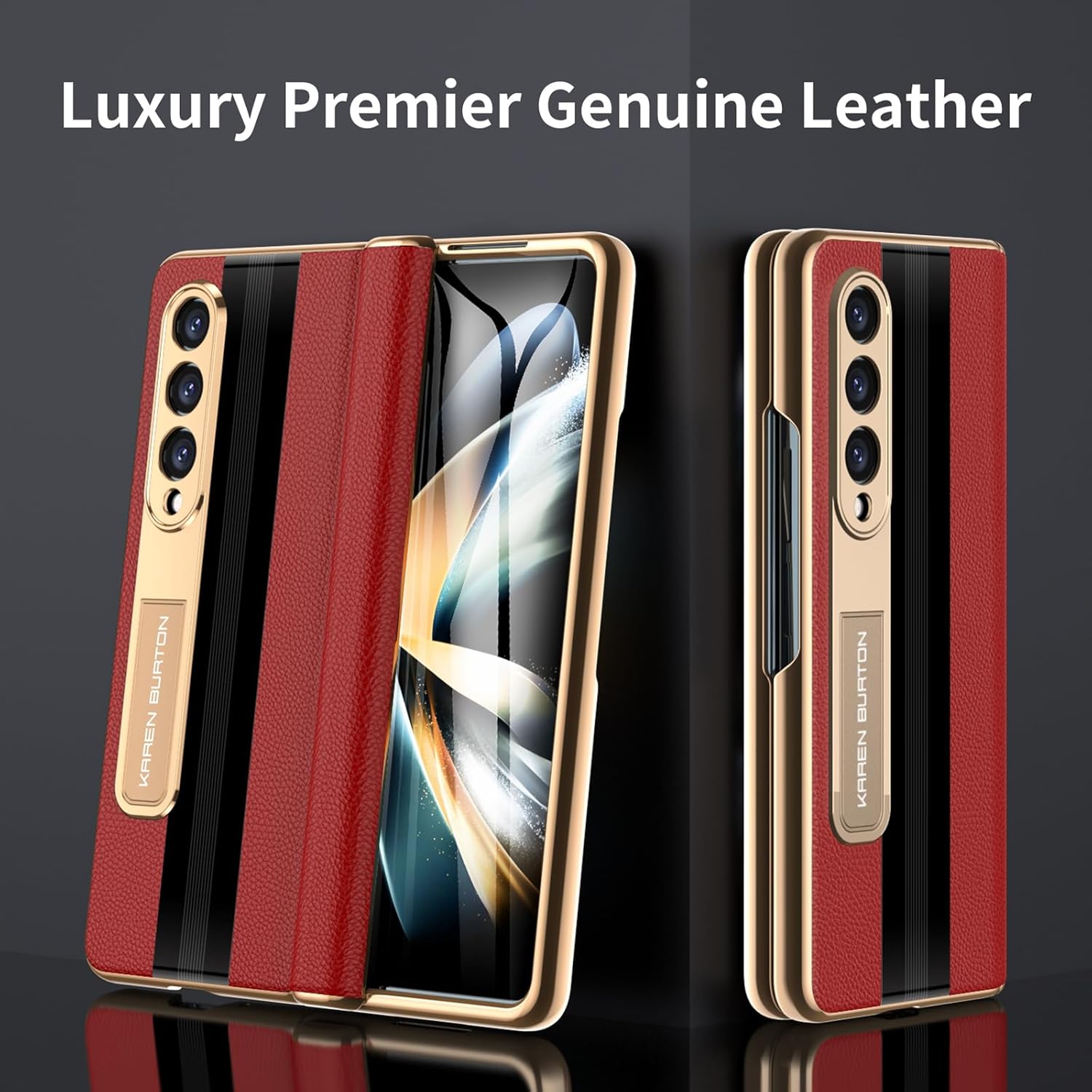 for samsung galaxy z fold 4 phone case [luxury premier genuine leather][full body hinge protection][built-in screen protector][kickstand drop proof protective cover] for z fold4 (red) for z fold 4 red