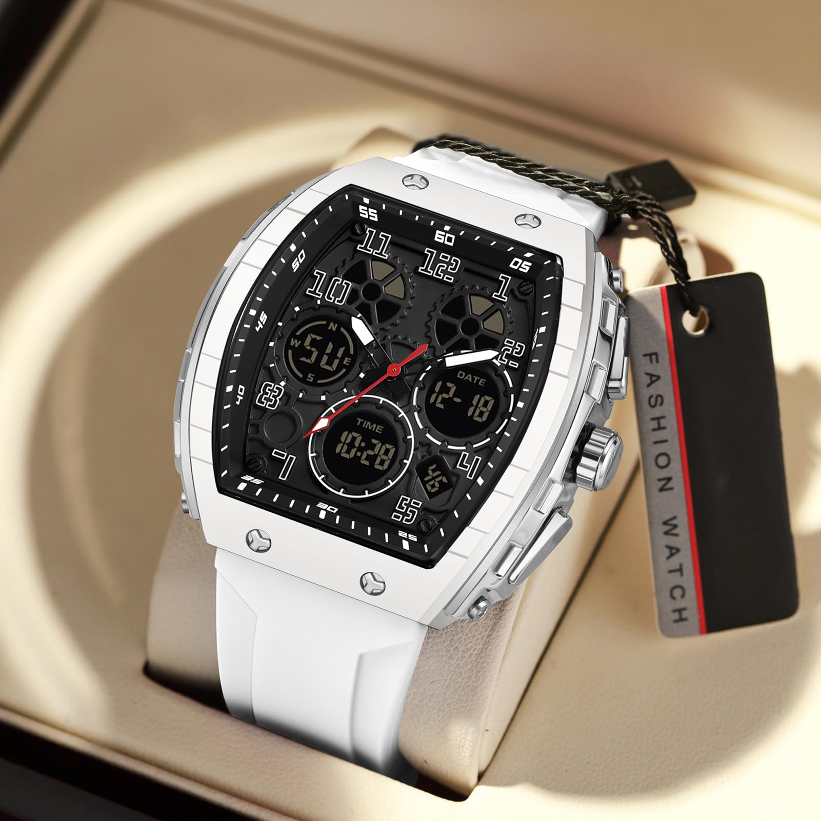 findtime Montre Militaire Homme Sport Design Unique Cadran Rectangulaire, Affichage Numérique Analogique, Double Fuseau, Chronomètre Étanche 5ATM, Style Punk