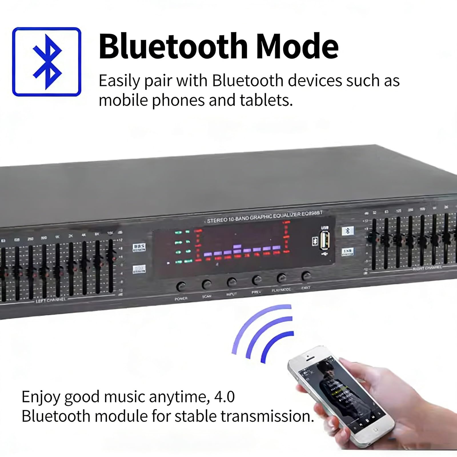 Equalizzatore grafico a 10 bande, equalizzatore digitale stereo Hi-Fi con display a LED dello spettro musicale, ingresso Bluetooth/U Disk, montaggio rack 1U per casa, palcoscenico, studio