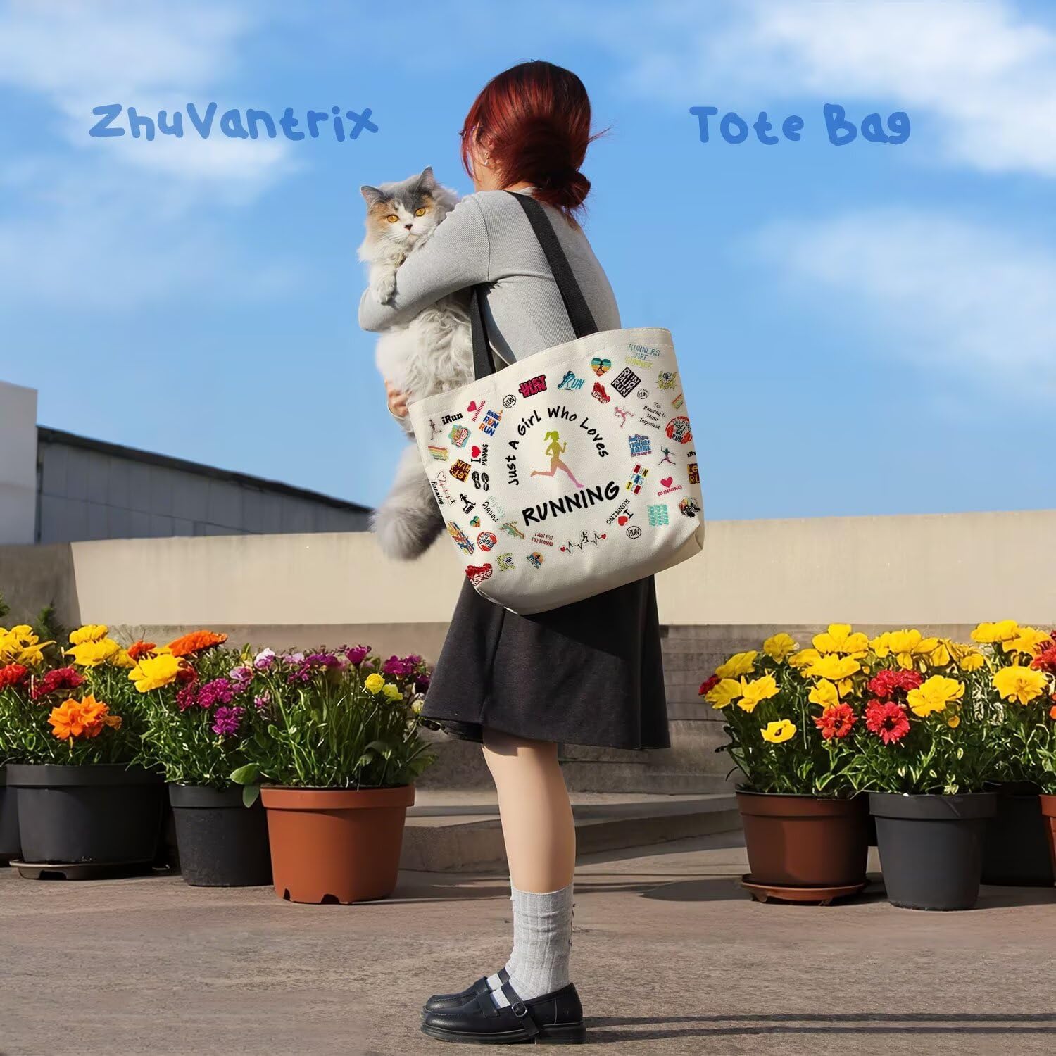 Just Love Running Tote Bag Reusable Grocery Bags Aesthetic Shopping Shoulder Handbag with Interior Zipper Pocket Stylish Running-themed Present for Runners Women - Image 6