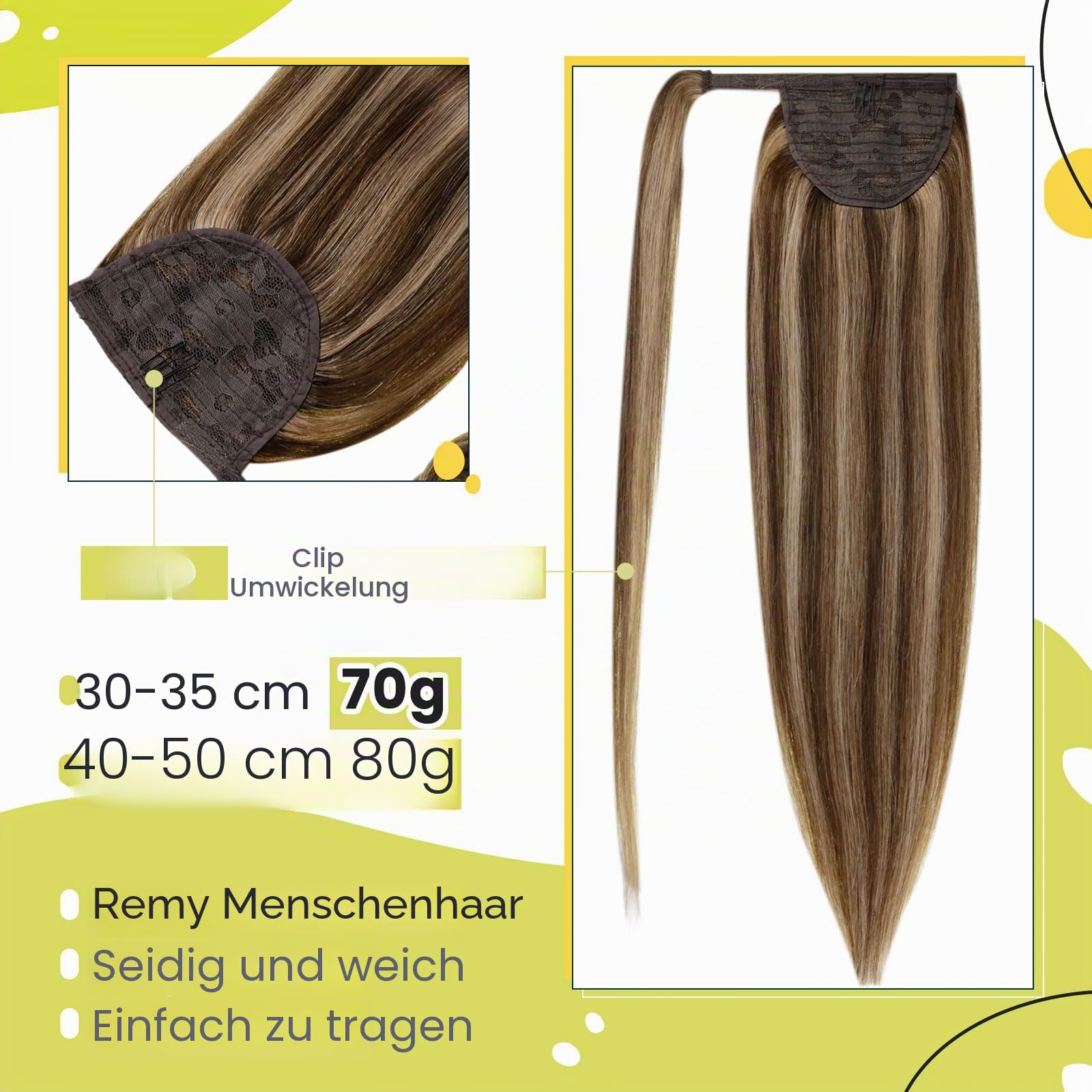 RUNATURE Ponytail Extensions Echthaar Braun Highlight 45cm 80g #3P12 | Clip in Ponytail–hitzebeständig, unsichtbare Clips, nahtlos integriert. Kein Haarausfall, natürlich, mehrdimensional.
