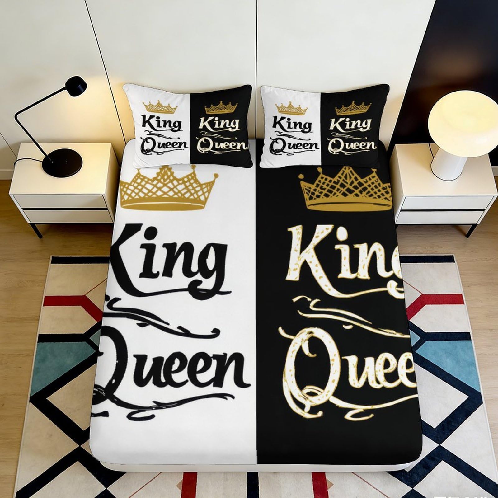 3D Printed King Queen Fitted Sheet Microfiber Black White Crown Pattern Mattress Cover for Bedroom Guest Room Decor, Anti-slip, Machine Washable, Dustproof 140x200x25cm