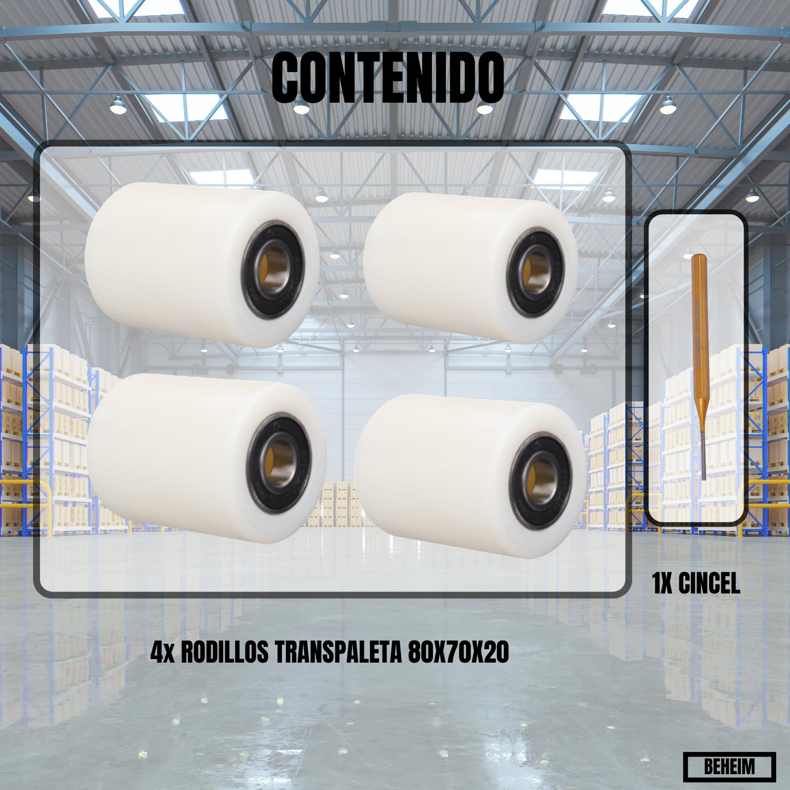 Juego 4 Ruedas para Transpaletas 80x70x20 mm Nylon con Rodamientos 6204-2RS | Rodillos para Transpaletas Alta Carga + Cincel Montaje