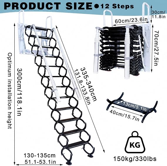 Wall-mounted Attic Stairs, Folding Loft Staircase, Telescopic Ladder With Handrails, 12 Steps Pull Down Stairs, For Home Indoor Outdoor Attic Steps (Black, 2.7-3.2m)