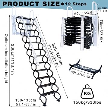 Wall-mounted Attic Stairs, Folding Loft Staircase, Telescopic Ladder With Handrails, 12 Steps Pull Down Stairs, For Home Indoor Outdoor Attic Steps (Black, 2.7-3.2m)