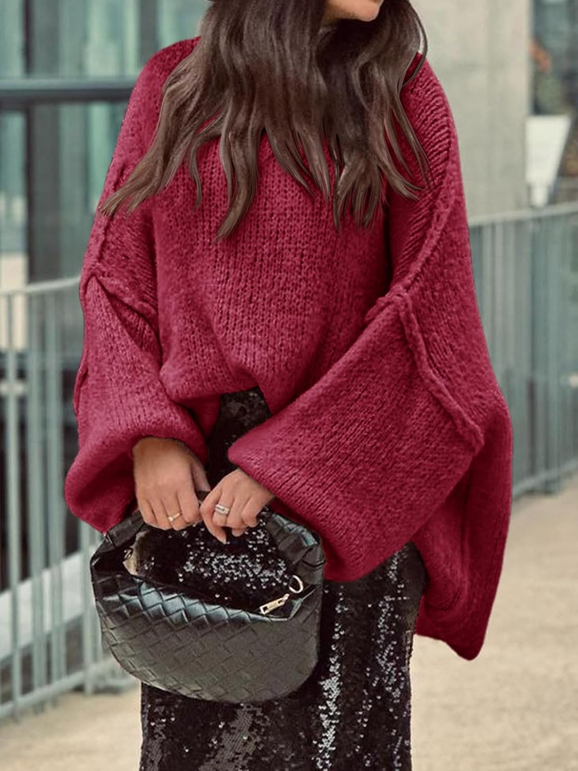 Saodimallsu Womens Oversized Sweater Chunky Crew Neck Long Lantern Sleeve Knit Fall Trendy Tunic Sweaters Top - Image 3