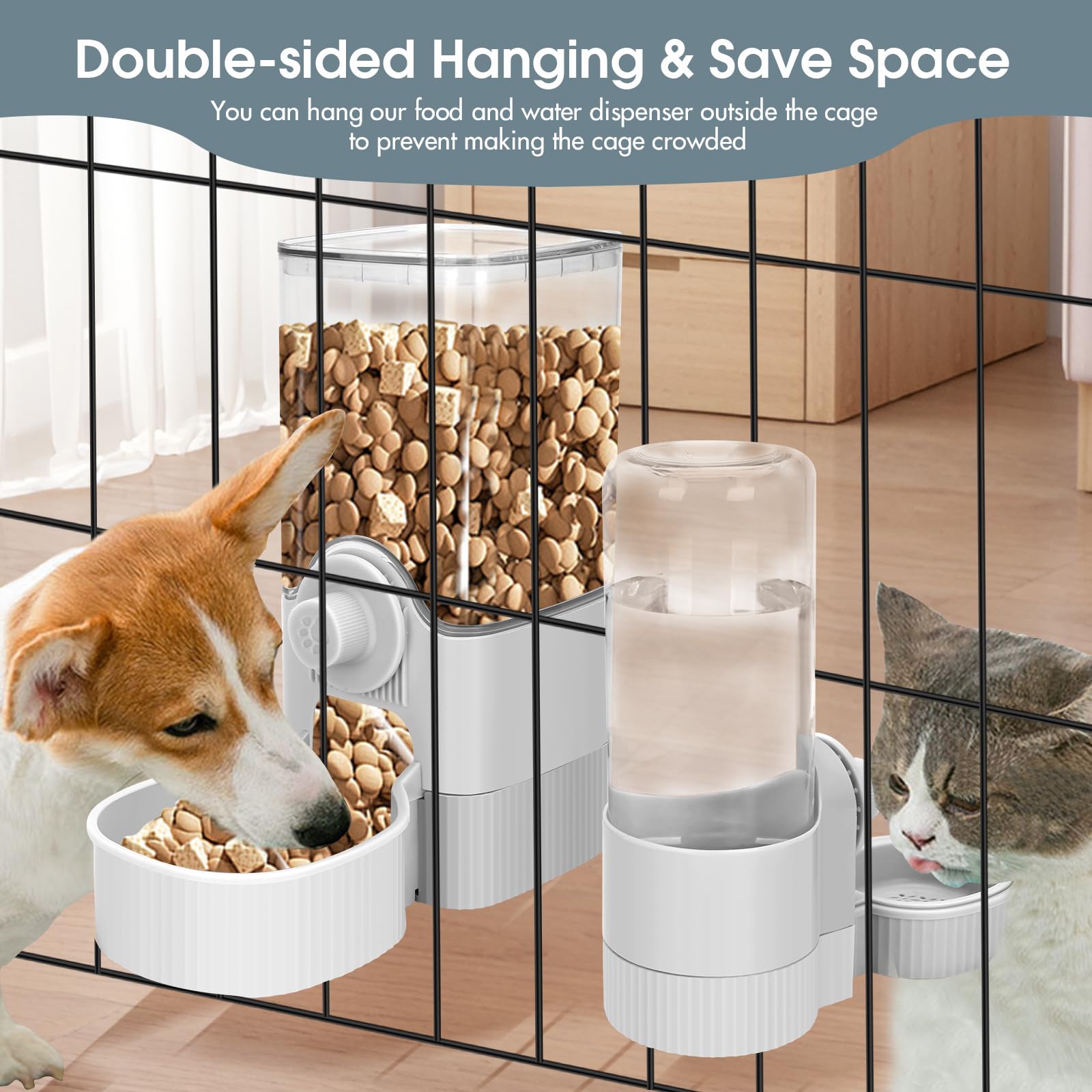 Yummy Sam Hanging Cage Automatic Small Pet Food Bowl Water Bottle Dispenser, Detachable Auto Gravity 1.2L Self-Feeding Feeder and 0.52L Waterer Set Kennel Feeding Station for Puppy Cats Rabbit(Grey)