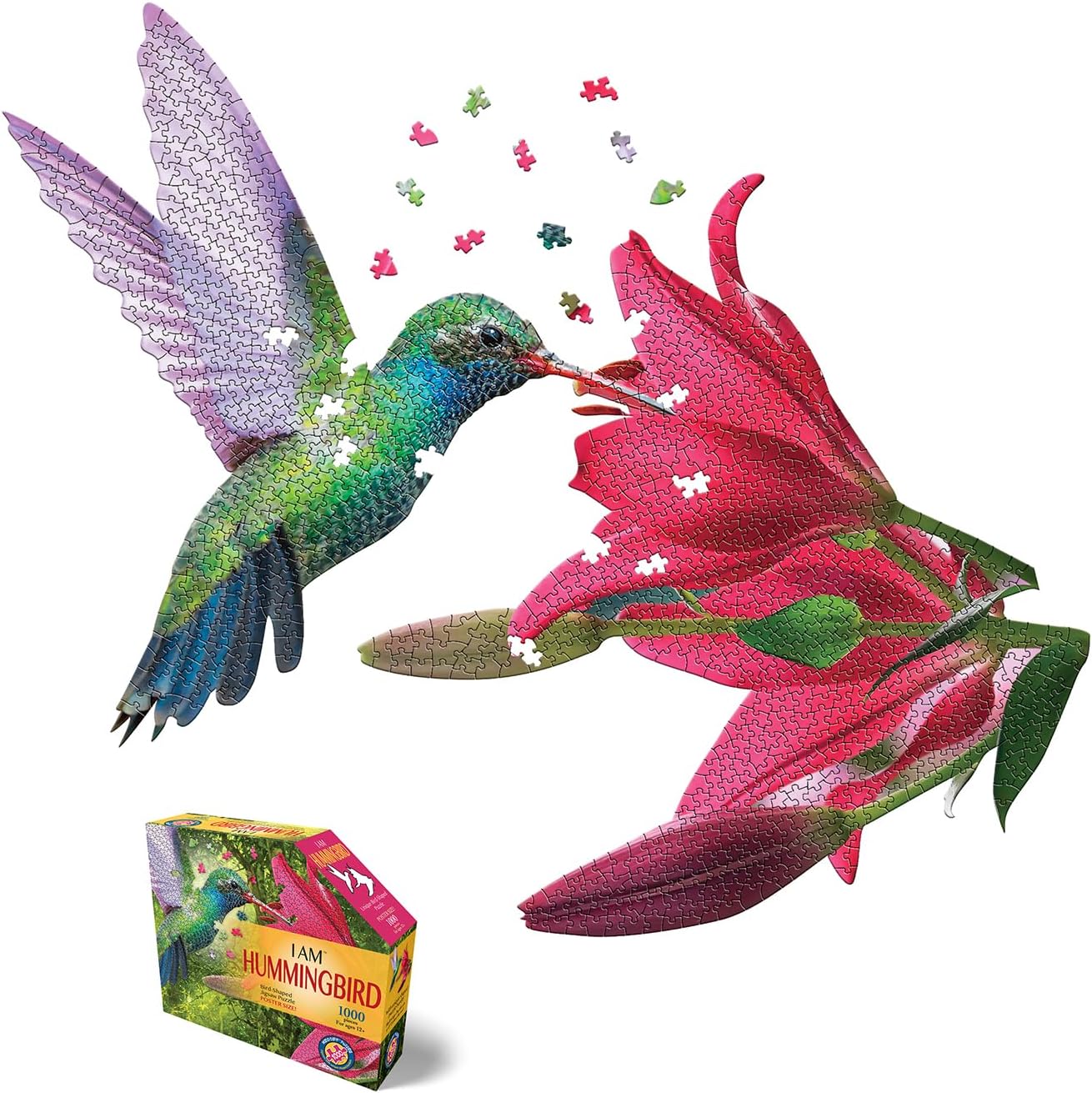 Madd Capp: I Am Hummingbird - 1000 Piece Puzzle - Unique Bird-Shaped Jigsaw, 36x31 Assembled Size, Poster Reference, Edcuational Fun Fact Booklet