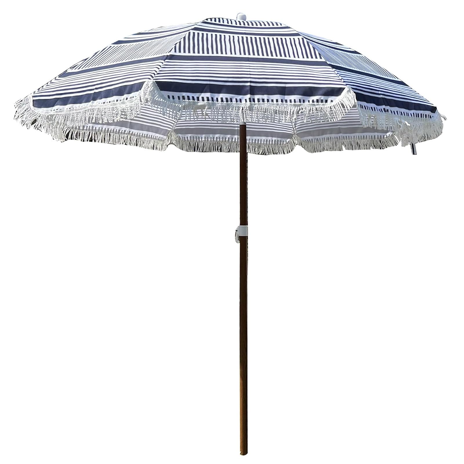 Ombrellone da spiaggia portatile da 180 cm, protezione solare UV50+, antivento, ancoraggio per sabbia, palo robusto, inclinazione a pulsante, frange, per esterni e patio.