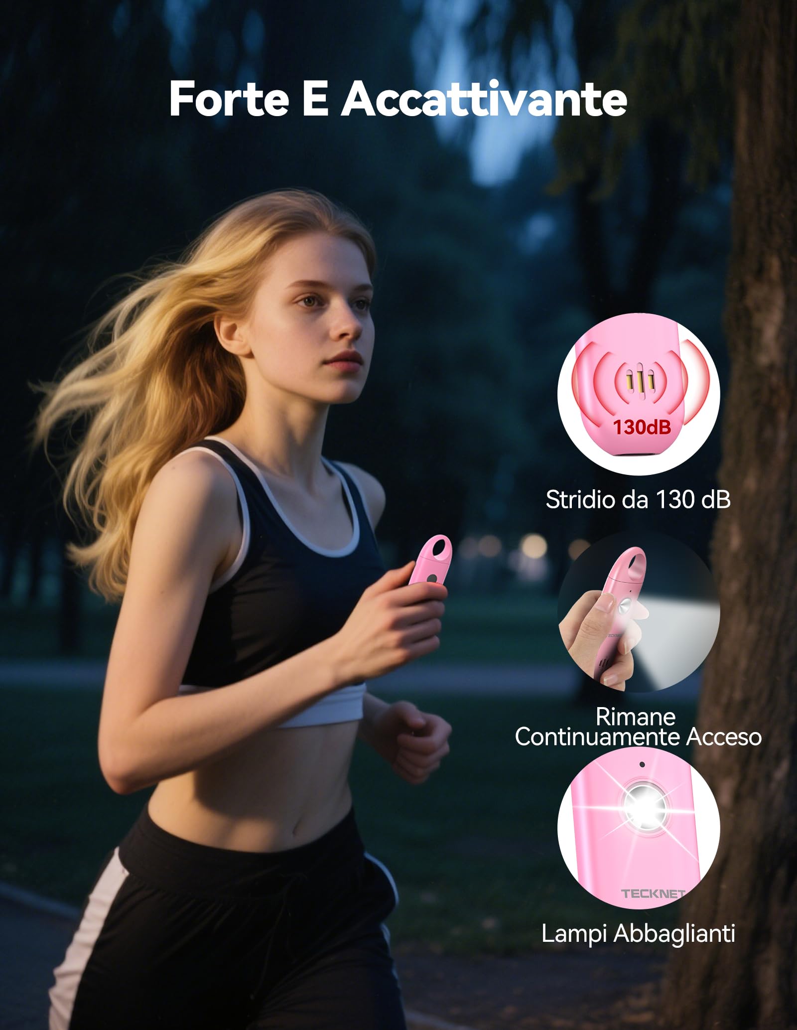 TECKNET Allarme Personale da Donna, Allarme Tascabile con Sirena da 130 dB e Luce di Segnalazione a LED, Autodifesa Ricaricabile USB Type-C, Allarme Personale per Bambini, Anziani