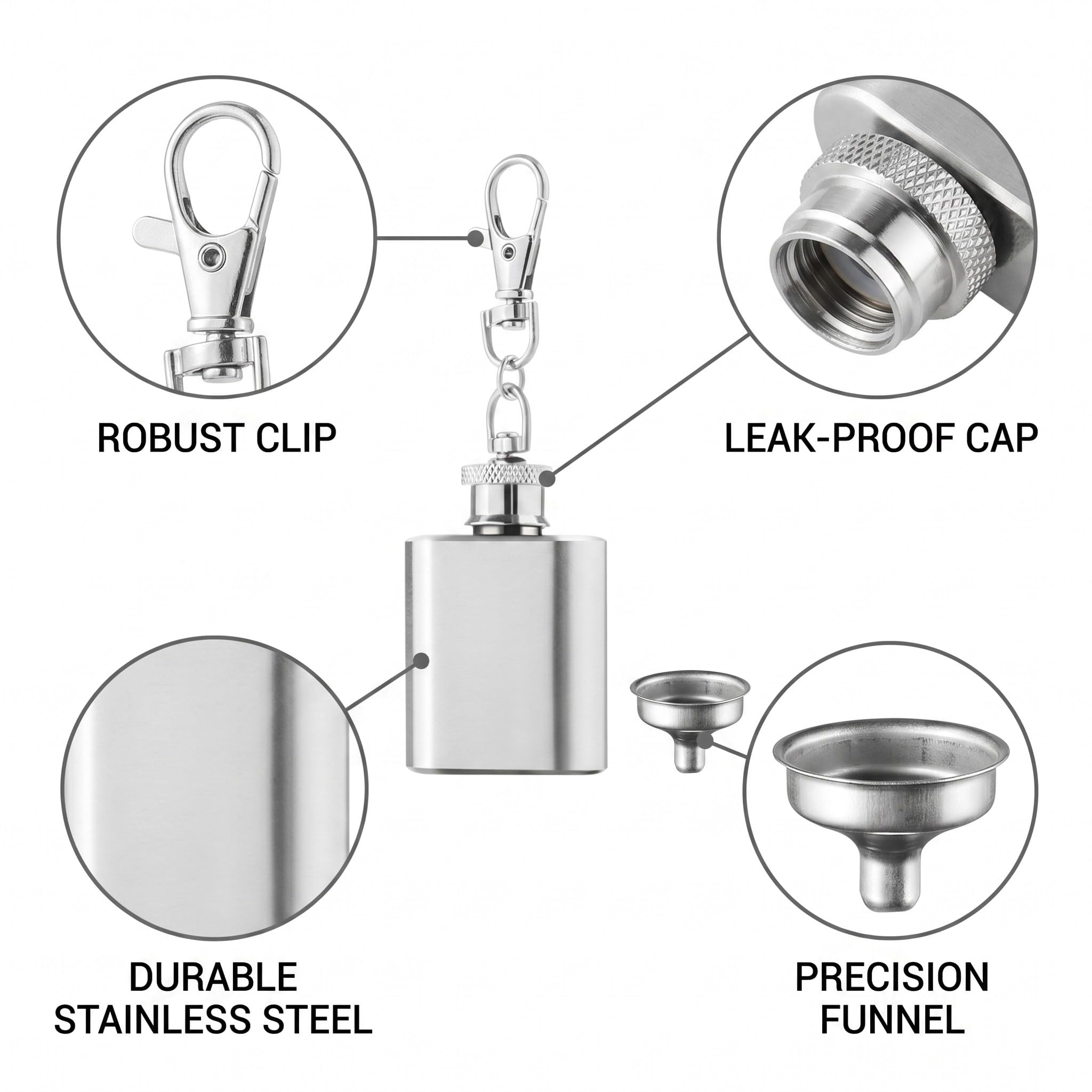 Flachmann Edelstahl mit Schlüsselanhänger, Robuster Reise-Trinkbecher mit Trichter, 28ml Hip Flask für Outdoor-Party JGA Geschenk