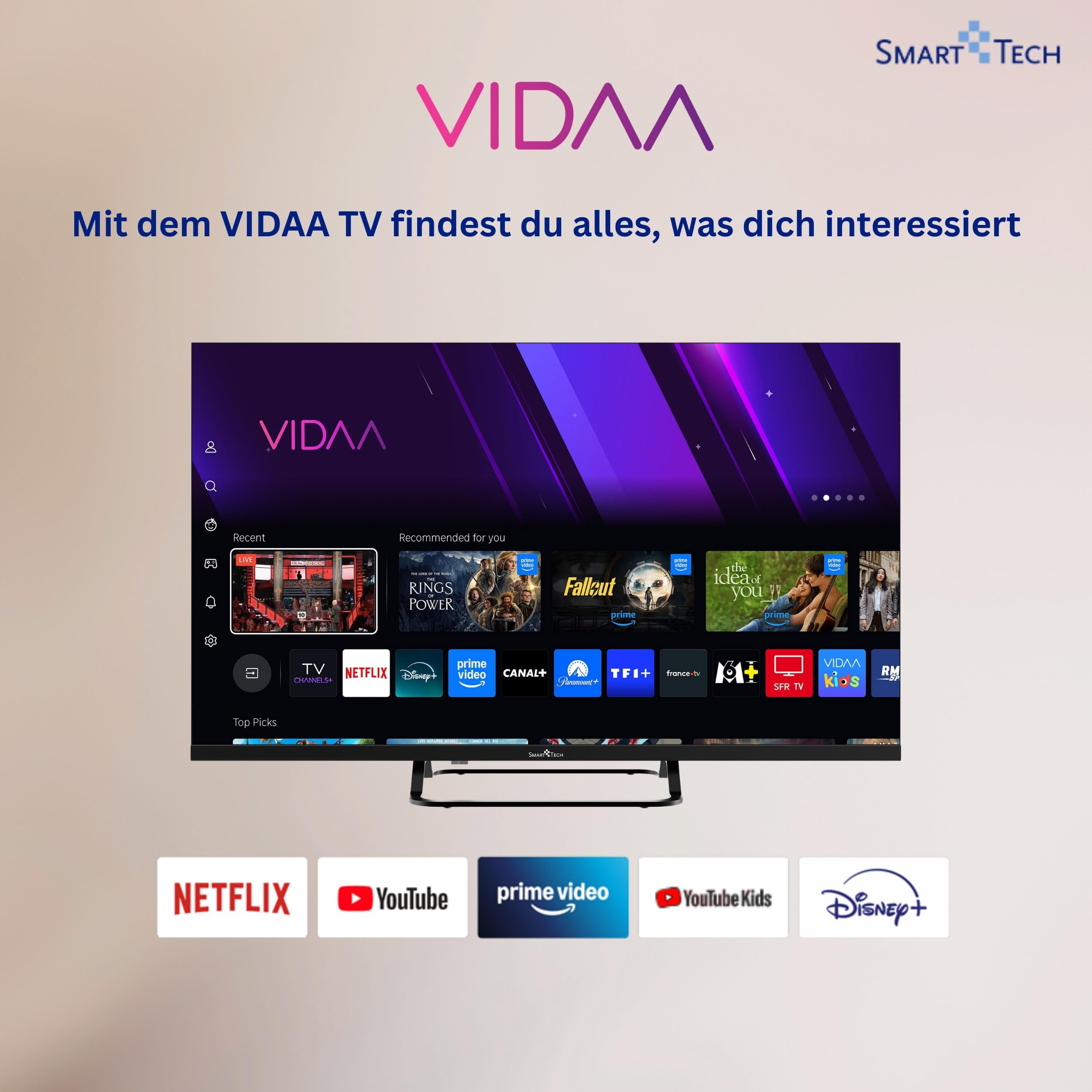 Smart Tech 40FV02V Fernseher 40 Zoll Smart TV VIDAA - Fernseher mit Full HD Auflösung, Bluetooth und Triple-Tuner, LED TV (2026)