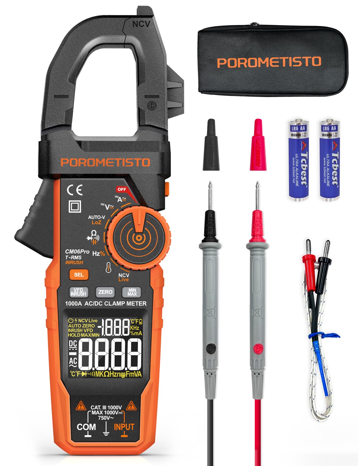 Pinza Amperometrica Professionale 6000 Counts TRMS 1000 A con LoZ e VFD, 1000V CC/750V CA Voltmetro Amperometro CM06Pro, Misura AC/DC, Corrente d'Avviamento, NCV, Temperatura, etc