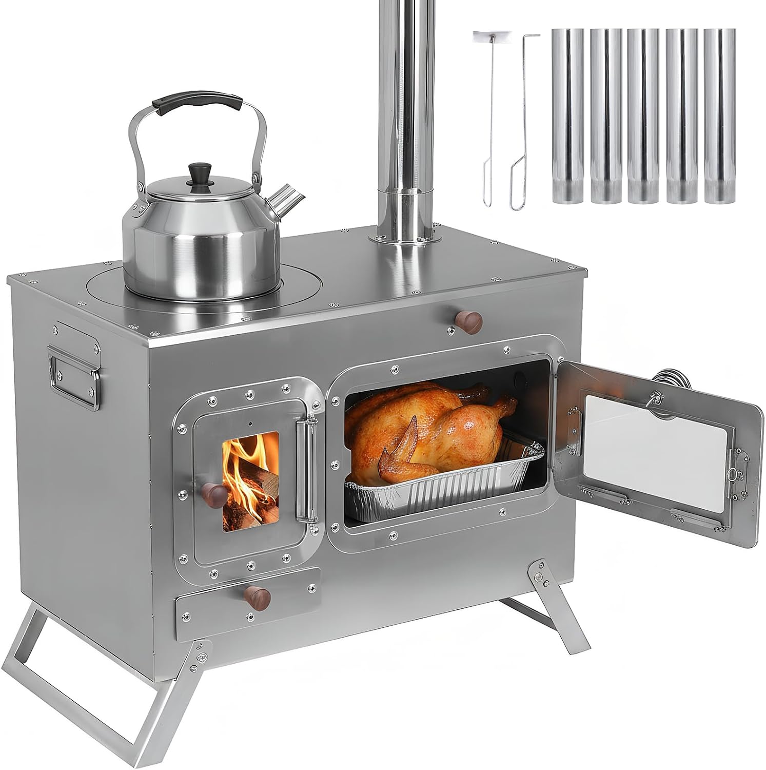 Generic Hot Tent Stove with 4 Chimney Pipe Stainless Steel Wood Burning Tent Stove for Outdoor Heating & Cooking Ice Fishing Hunting