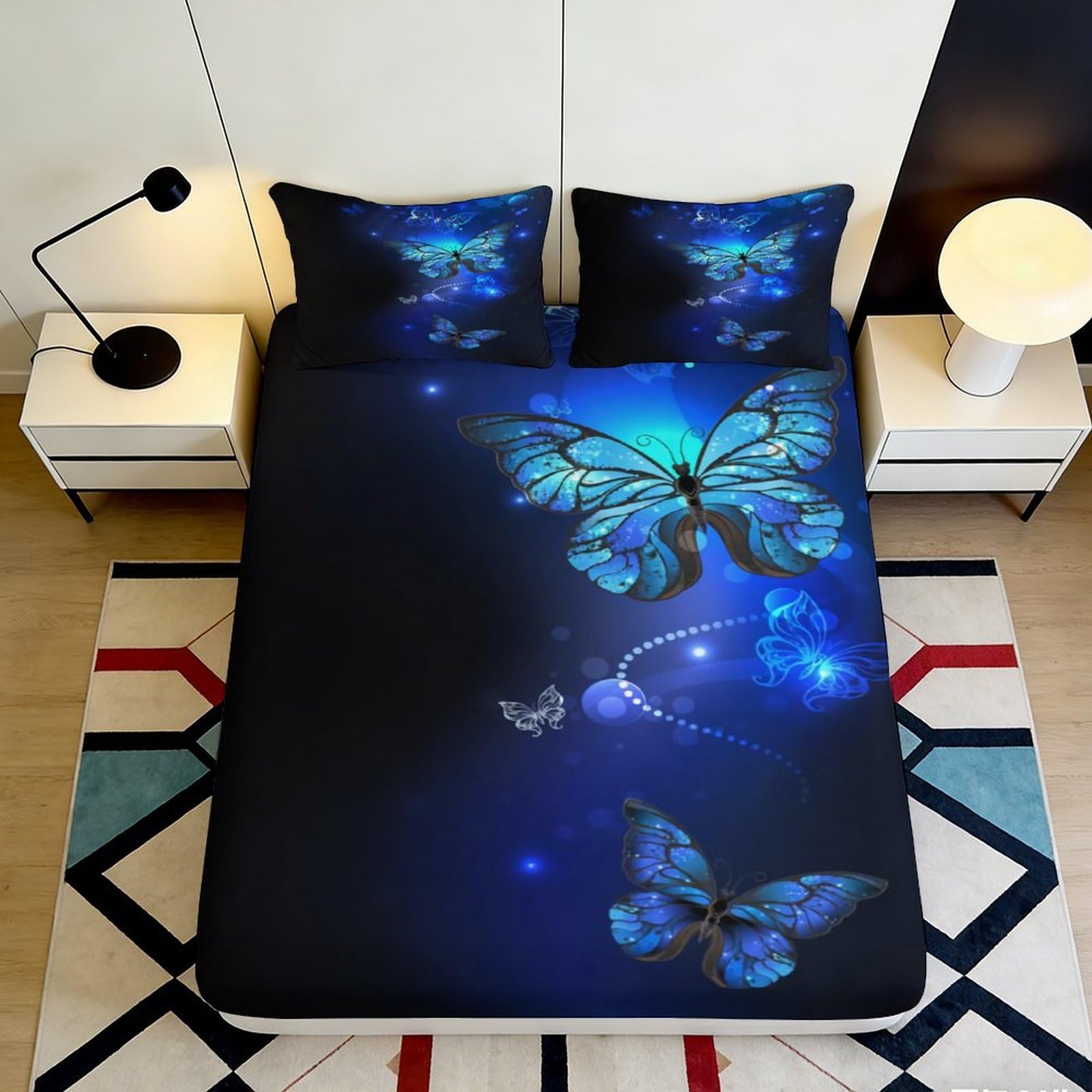 3D Printed Blue Butterfly Fitted Sheet Microfiber Soft Breathable Dream Night Mattress Cover for Bedroom Dorm Decor 90x200x25cm